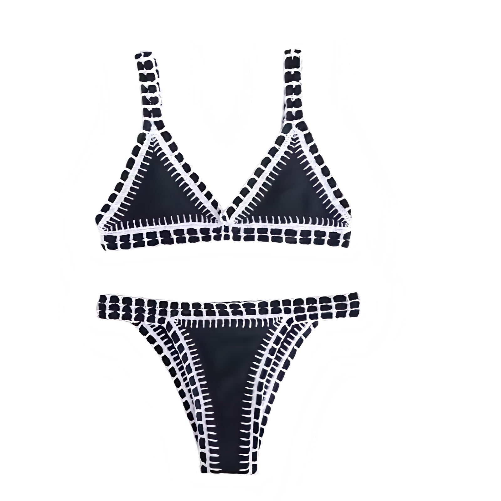 Black white striped solid crochet knit knitted knitwear bikini set 2 piece triangle string swimwear. Slim fit skinny fit wireless wire free push up v neck sleeveless spaghetti strap backless thong string design. Chic luxury beach vacation bikini for womens teens ladies perfect euro summer Ibiza style boho chic bohemian fashion retro vintage Y2K style tropical vacation resort wear beach girl aesthetic summer swimwear fashion coastal chic aesthetic.

