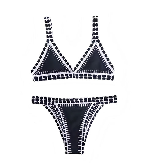 Black white striped solid crochet knit knitted knitwear bikini set 2 piece triangle string swimwear. Slim fit skinny fit wireless wire free push up v neck sleeveless spaghetti strap backless thong string design. Chic luxury beach vacation bikini for womens teens ladies perfect euro summer Ibiza style boho chic bohemian fashion retro vintage Y2K style tropical vacation resort wear beach girl aesthetic summer swimwear fashion coastal chic aesthetic.

