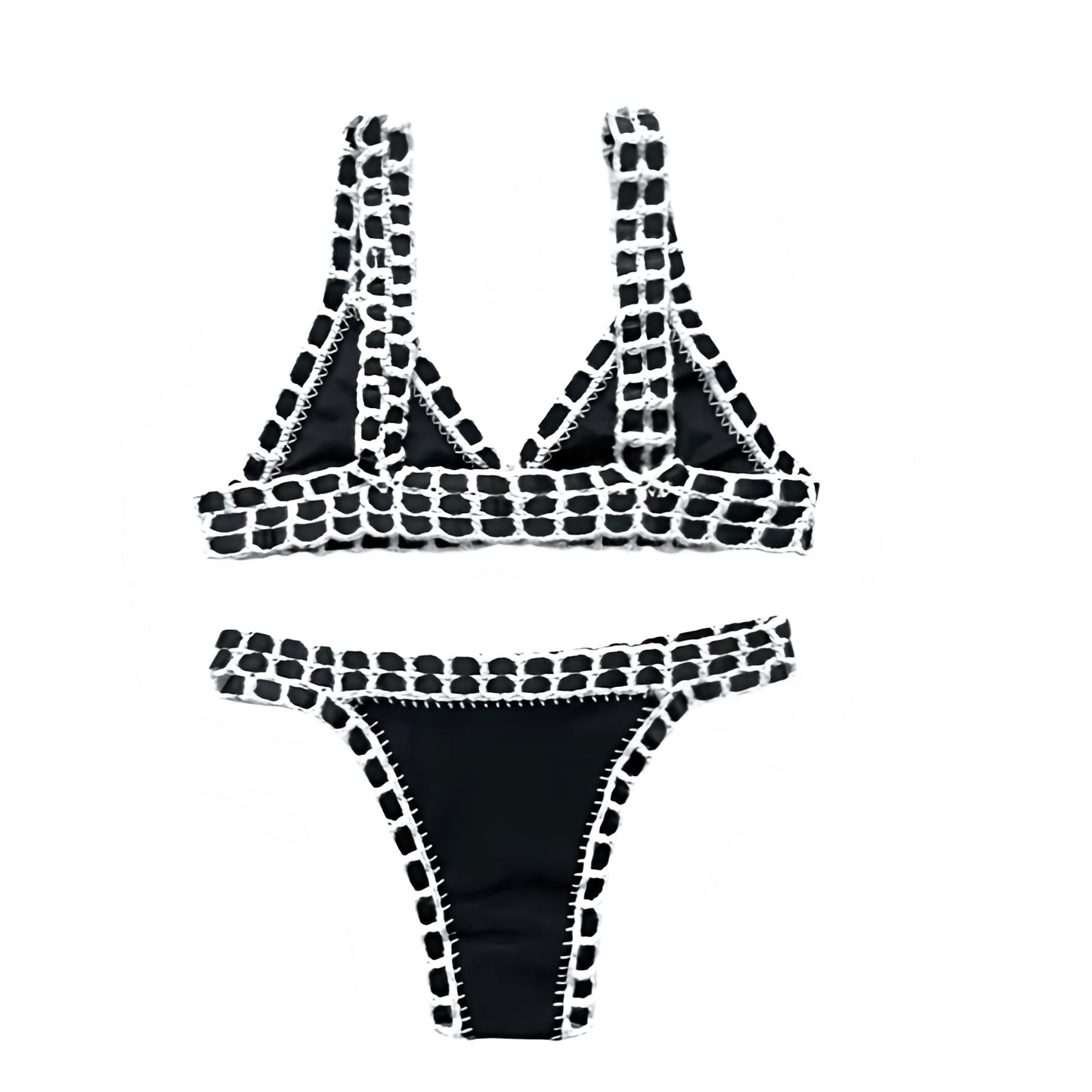 Black white striped solid crochet knit knitted knitwear bikini set 2 piece triangle string swimwear. Slim fit skinny fit wireless wire free push up v neck sleeveless spaghetti strap backless thong string design. Chic luxury beach vacation bikini for womens teens ladies perfect euro summer Ibiza style boho chic bohemian fashion retro vintage Y2K style tropical vacation resort wear beach girl aesthetic summer swimwear fashion coastal chic aesthetic.
