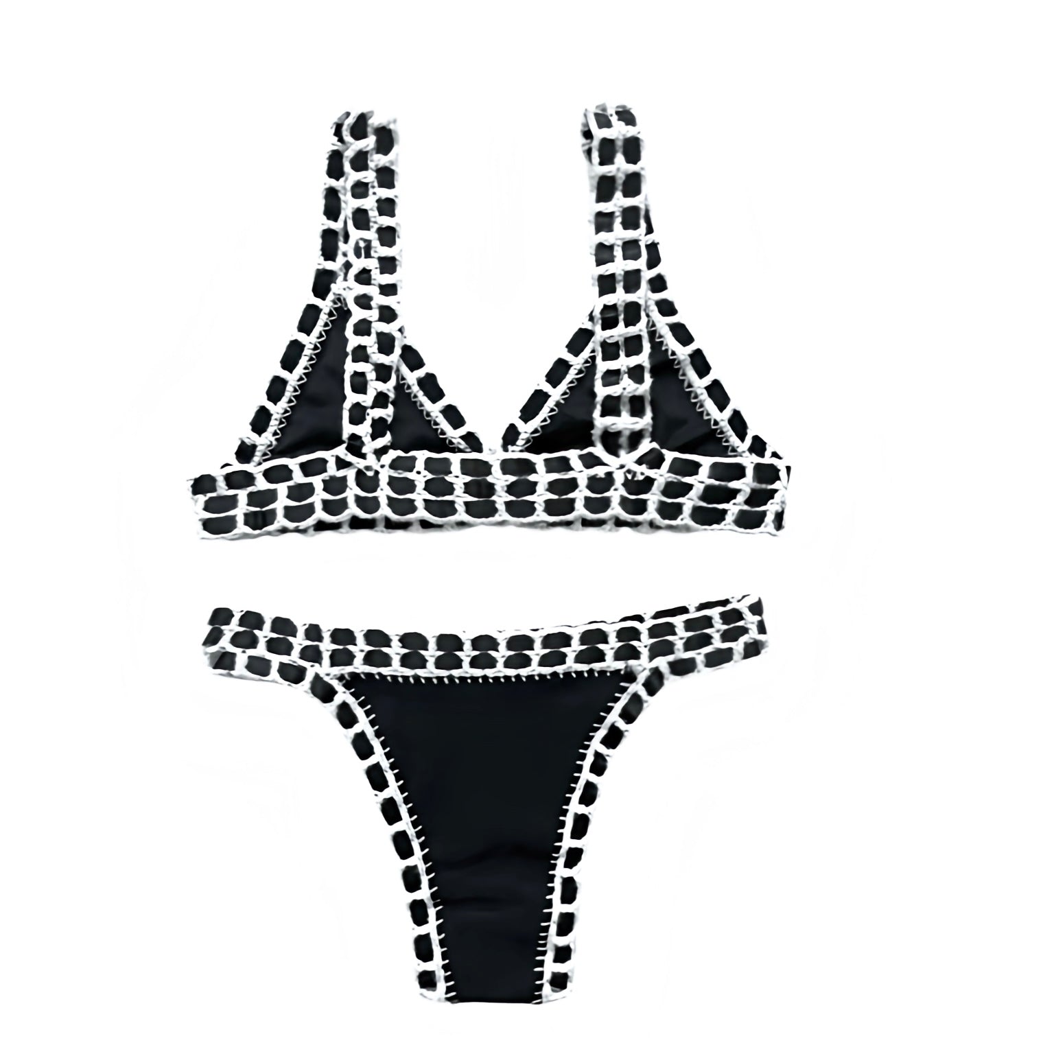 Black white striped solid crochet knit knitted knitwear bikini set 2 piece triangle string swimwear. Slim fit skinny fit wireless wire free push up v neck sleeveless spaghetti strap backless thong string design. Chic luxury beach vacation bikini for womens teens ladies perfect euro summer Ibiza style boho chic bohemian fashion retro vintage Y2K style tropical vacation resort wear beach girl aesthetic summer swimwear fashion coastal chic aesthetic.
