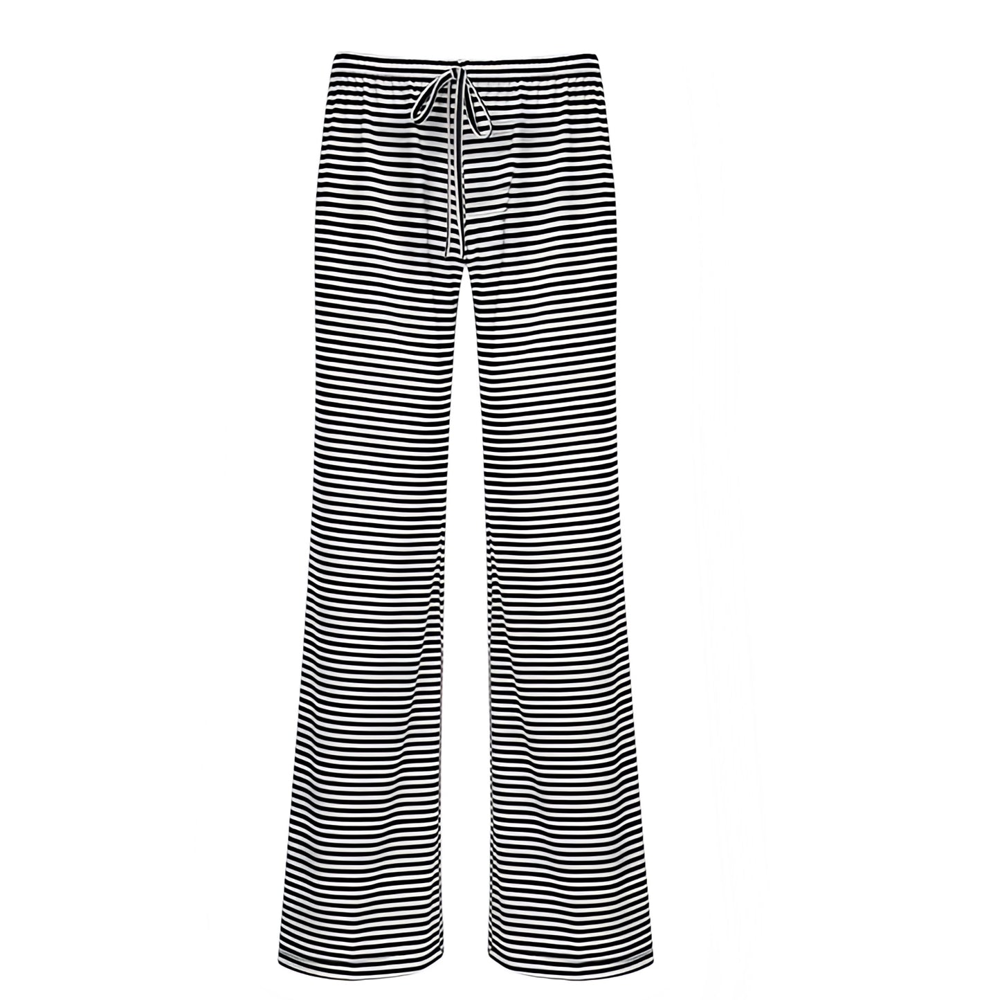 Black and white striped low-rise slim fit flared drawstring pants for women featuring breathable cotton-blend stretch fabric and adjustable waistband. Lightweight, comfy, full-length lounge trousers with horizontal pinstripe design for casual, resort, and coastal wear. Perfect for travel, vacations, or relaxed everyday outfits. Ships globally to the US, UK, Canada, Australia, Europe, and Asia.
