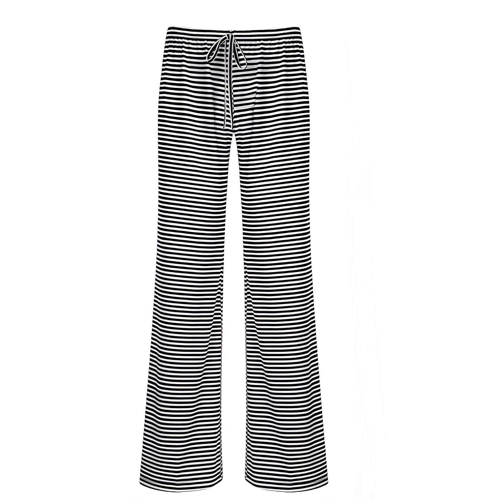 Black and white striped low-rise slim fit flared drawstring pants for women featuring breathable cotton-blend stretch fabric and adjustable waistband. Lightweight, comfy, full-length lounge trousers with horizontal pinstripe design for casual, resort, and coastal wear. Perfect for travel, vacations, or relaxed everyday outfits. Ships globally to the US, UK, Canada, Australia, Europe, and Asia.
