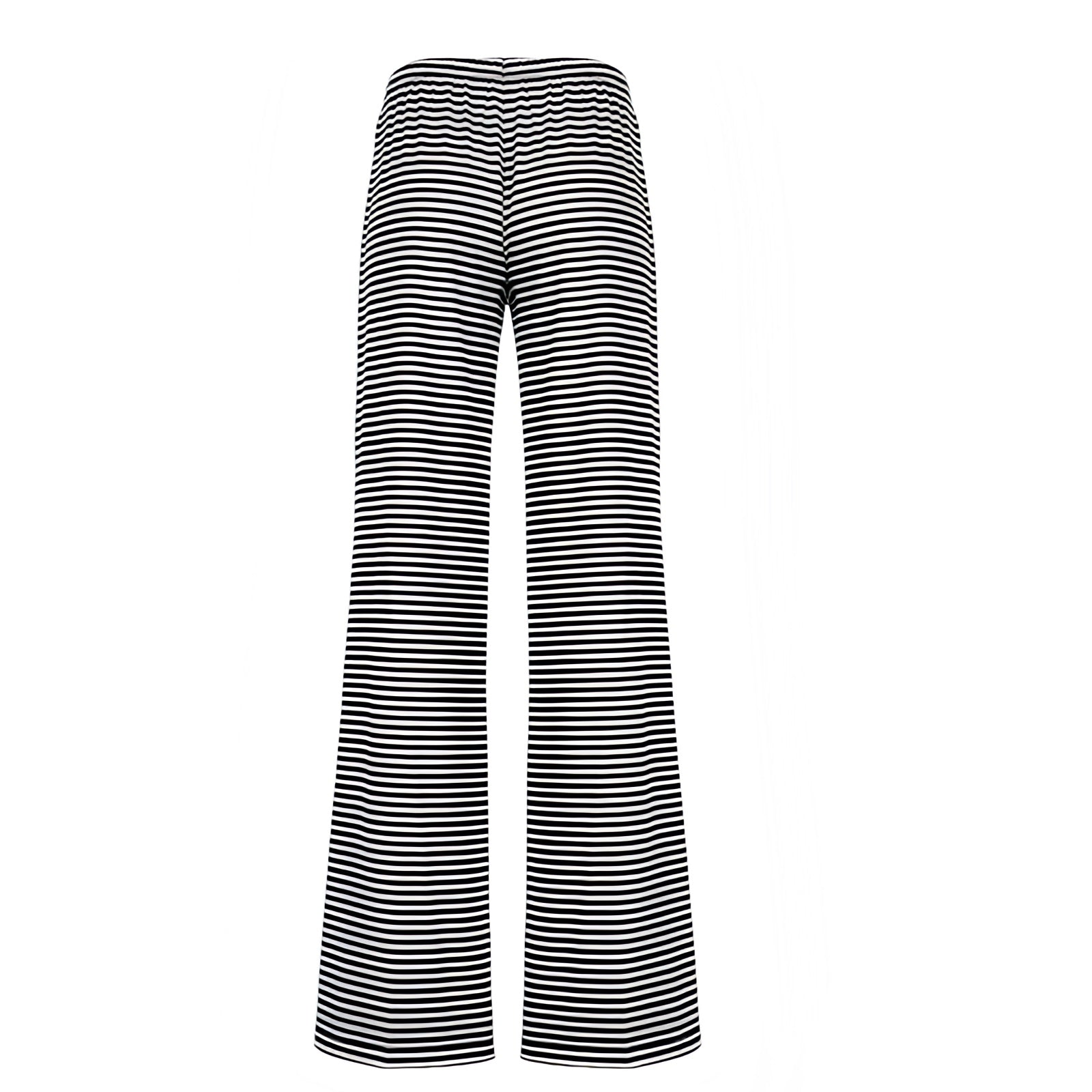Black and white striped low-rise slim fit flared drawstring pants for women featuring breathable cotton-blend stretch fabric and adjustable waistband. Lightweight, comfy, full-length lounge trousers with horizontal pinstripe design for casual, resort, and coastal wear. Perfect for travel, vacations, or relaxed everyday outfits. Ships globally to the US, UK, Canada, Australia, Europe, and Asia.