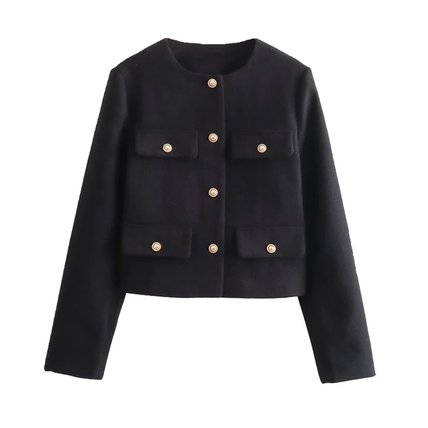 Black woolen gold button-down cropped peacoat jacket for women featuring a structured silhouette, long sleeves, and round neckline. Tailored, elegant, and chic cropped jacket with a soft, thick texture and single-breasted closure. Perfect outerwear for fall and winter 2025 fashion. Ideal for minimalist, old money, and preppy style wardrobes. Ships globally to the US, UK, Canada, Europe, Asia, and Australia.