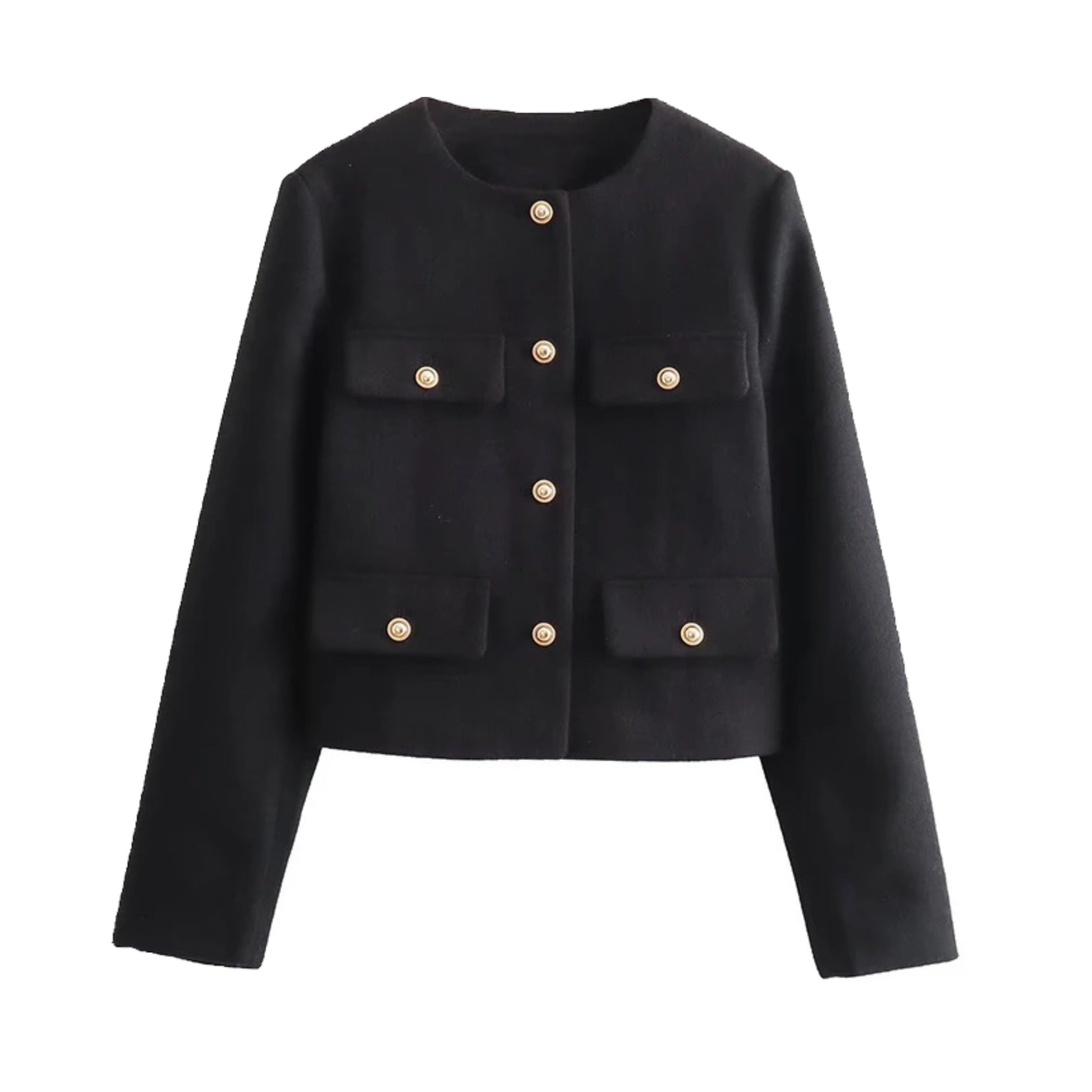 Black woolen gold button-down cropped peacoat jacket for women featuring a structured silhouette, long sleeves, and round neckline. Tailored, elegant, and chic cropped jacket with a soft, thick texture and single-breasted closure. Perfect outerwear for fall and winter 2025 fashion. Ideal for minimalist, old money, and preppy style wardrobes. Ships globally to the US, UK, Canada, Europe, Asia, and Australia.