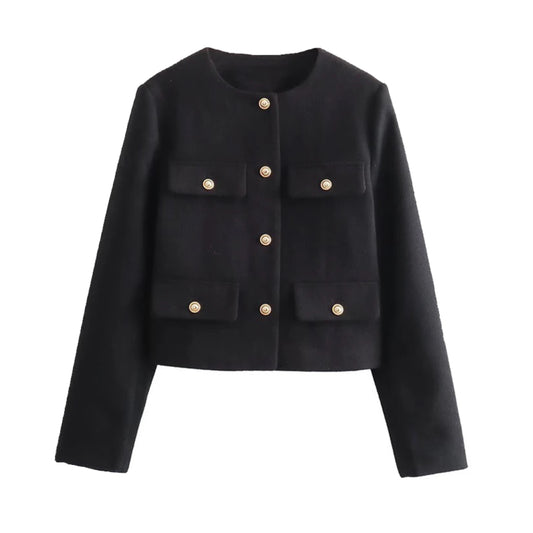 Black woolen gold button-down cropped peacoat jacket for women featuring a structured silhouette, long sleeves, and round neckline. Tailored, elegant, and chic cropped jacket with a soft, thick texture and single-breasted closure. Perfect outerwear for fall and winter 2025 fashion. Ideal for minimalist, old money, and preppy style wardrobes. Ships globally to the US, UK, Canada, Europe, Asia, and Australia.