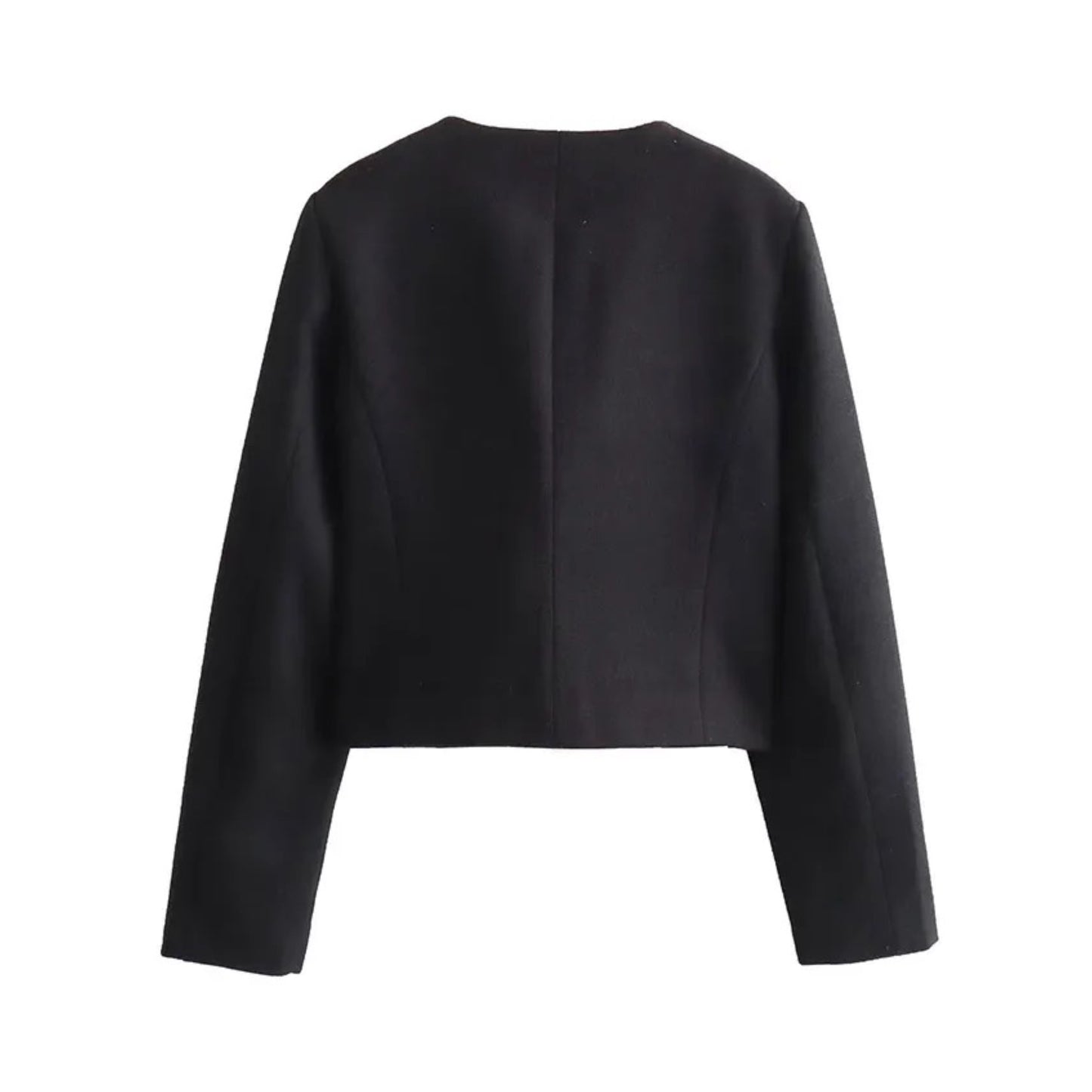 Black woolen gold button-down cropped peacoat jacket for women featuring a structured silhouette, long sleeves, and round neckline. Tailored, elegant, and chic cropped jacket with a soft, thick texture and single-breasted closure. Perfect outerwear for fall and winter 2025 fashion. Ideal for minimalist, old money, and preppy style wardrobes. Ships globally to the US, UK, Canada, Europe, Asia, and Australia.