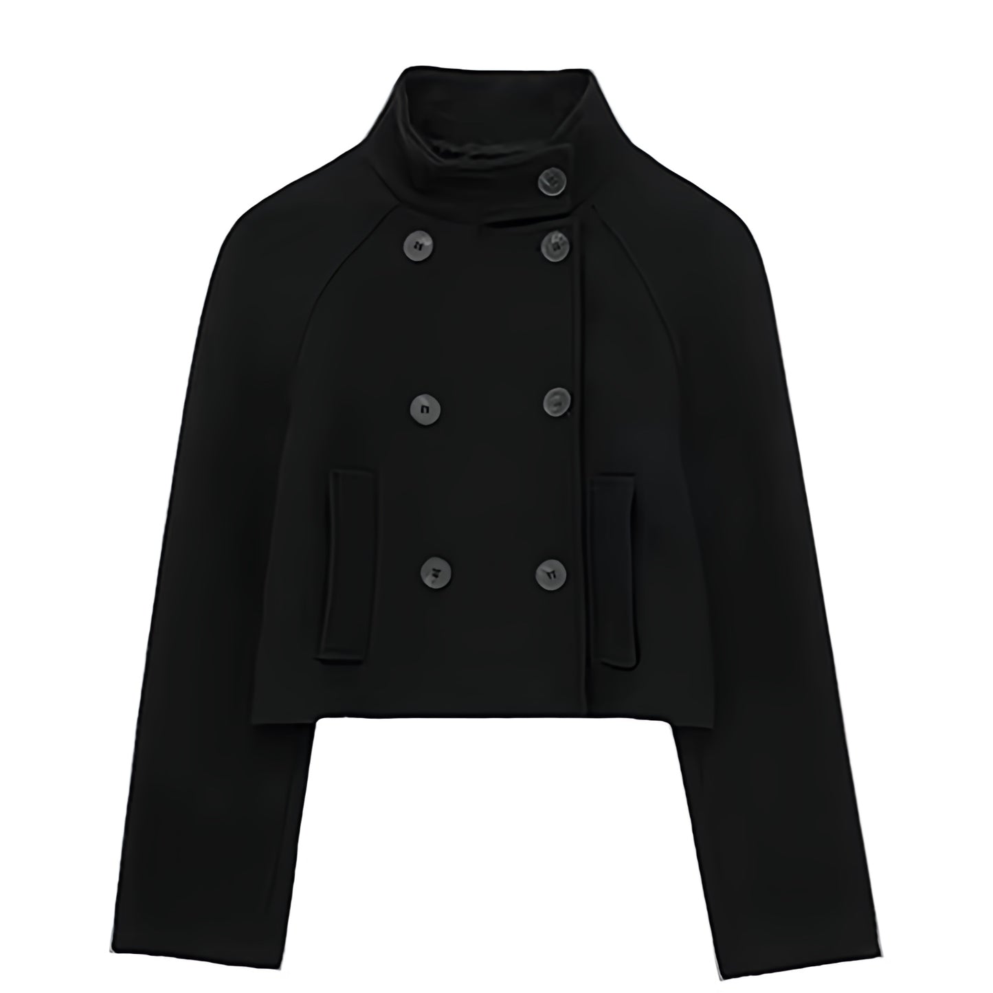 Black woolen long sleeve cropped turtleneck tailored pea coat jacket for women teens ladies, double breasted black button-up funnel neckline mock neck winter coat, soft cozy warm thick structured minimalist elegant old money Parisian style clean girl Scandi preppy cool girl fashion, neutral classic outerwear blazer coat, fall autumn winter 2025, ships globally worldwide to US UK Canada Australia Europe Asia