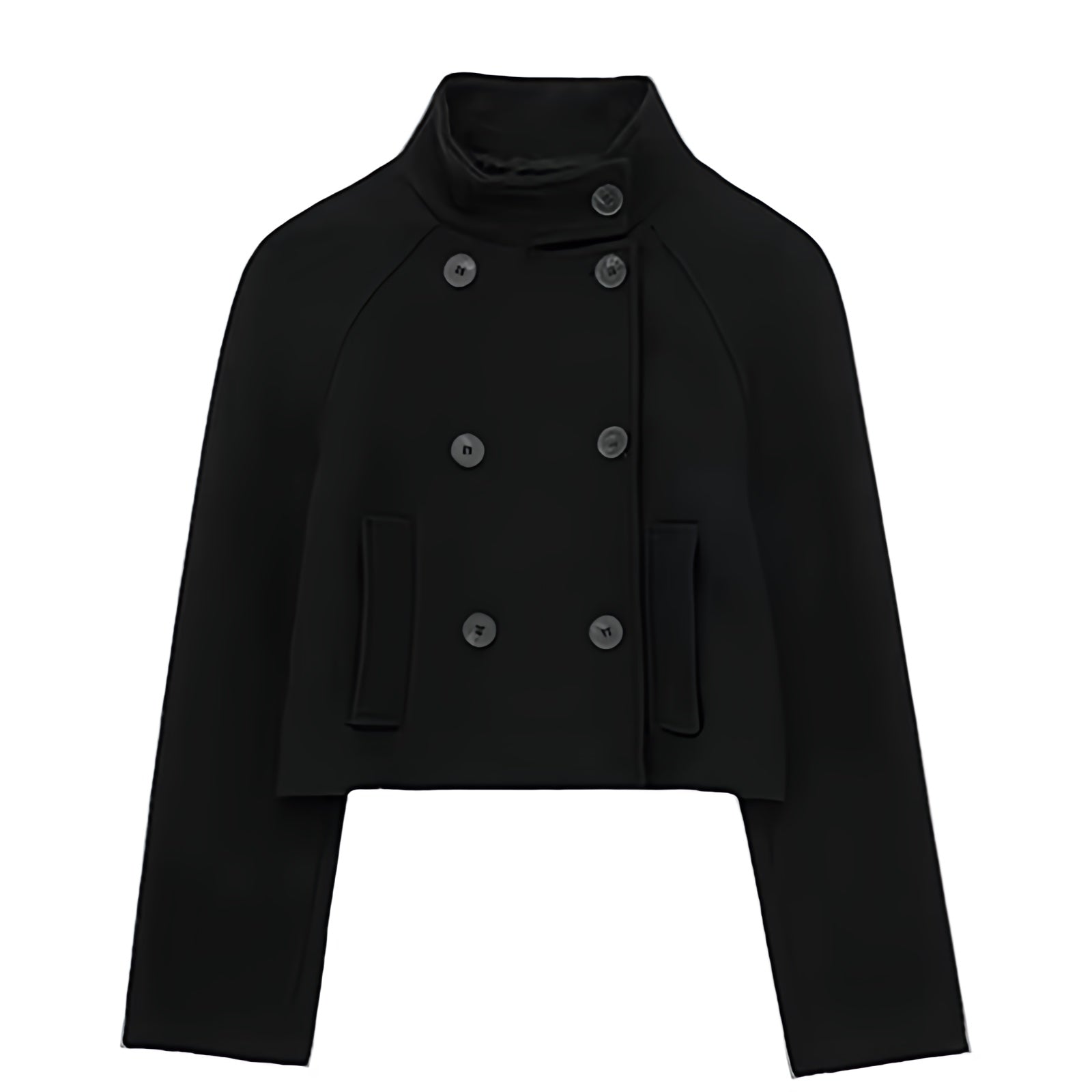 Black woolen long sleeve cropped turtleneck tailored pea coat jacket for women teens ladies, double breasted black button-up funnel neckline mock neck winter coat, soft cozy warm thick structured minimalist elegant old money Parisian style clean girl Scandi preppy cool girl fashion, neutral classic outerwear blazer coat, fall autumn winter 2025, ships globally worldwide to US UK Canada Australia Europe Asia