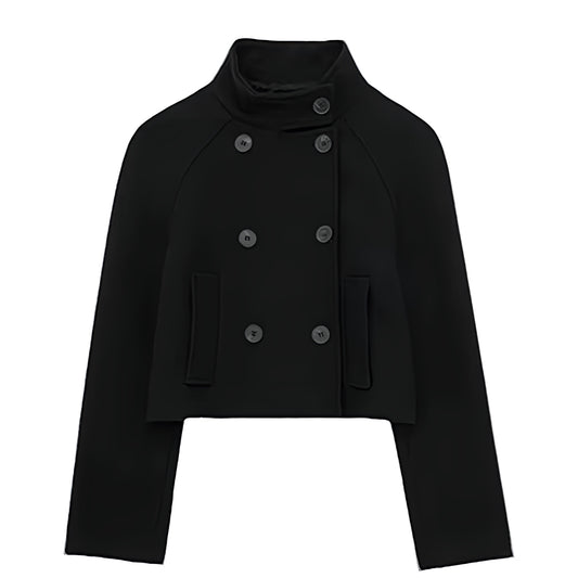 Black woolen long sleeve cropped turtleneck tailored pea coat jacket for women teens ladies, double breasted black button-up funnel neckline mock neck winter coat, soft cozy warm thick structured minimalist elegant old money Parisian style clean girl Scandi preppy cool girl fashion, neutral classic outerwear blazer coat, fall autumn winter 2025, ships globally worldwide to US UK Canada Australia Europe Asia