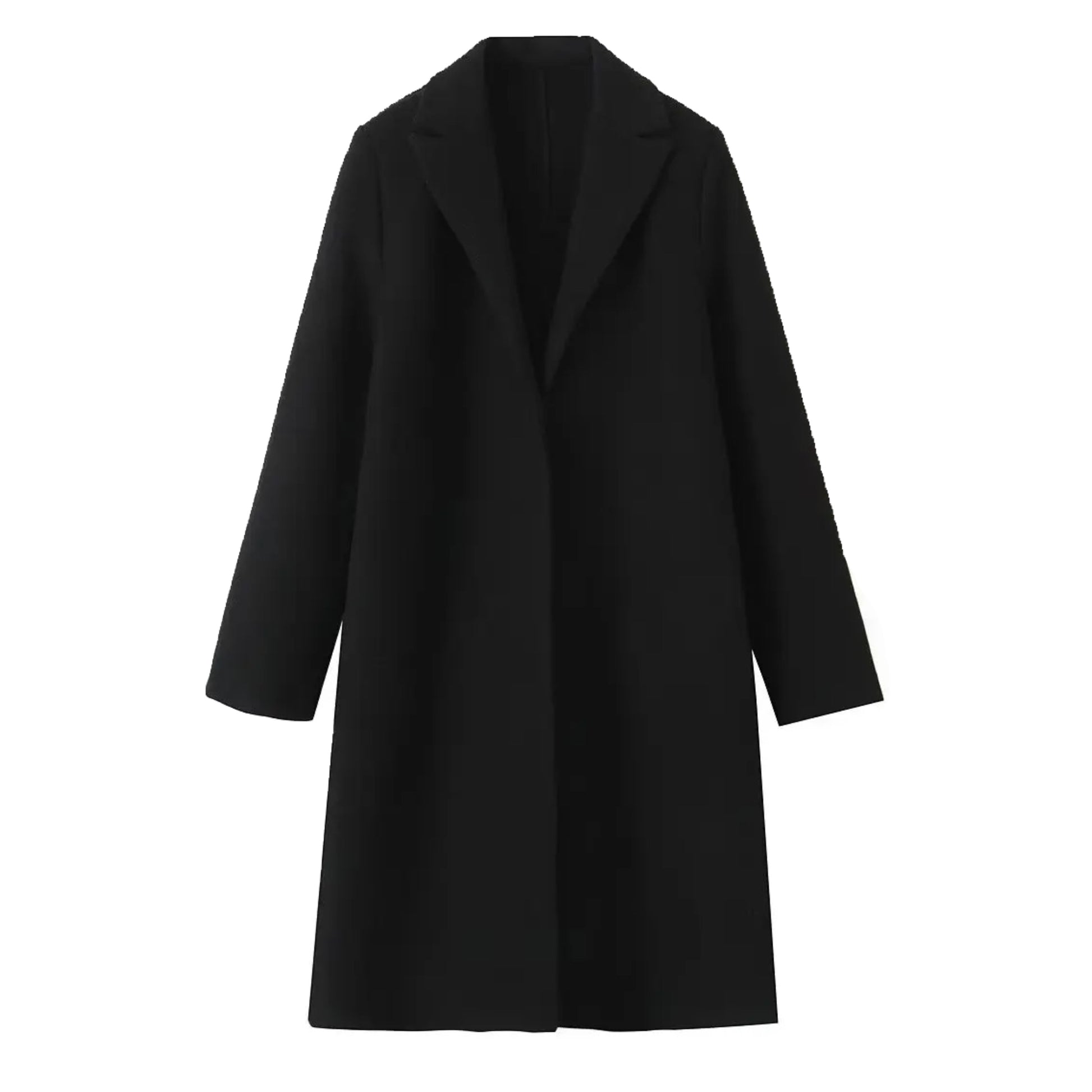 Black woolen oversized trench coat for women with wide lapel collar, long sleeves, relaxed tailored silhouette, soft warm wool blend insulated fabric, elegant minimalist outerwear for fall and winter fashion, chic clean girl and old money streetwear style, ships globally to US, UK, Canada, Australia, Europe and international locations worldwide.
