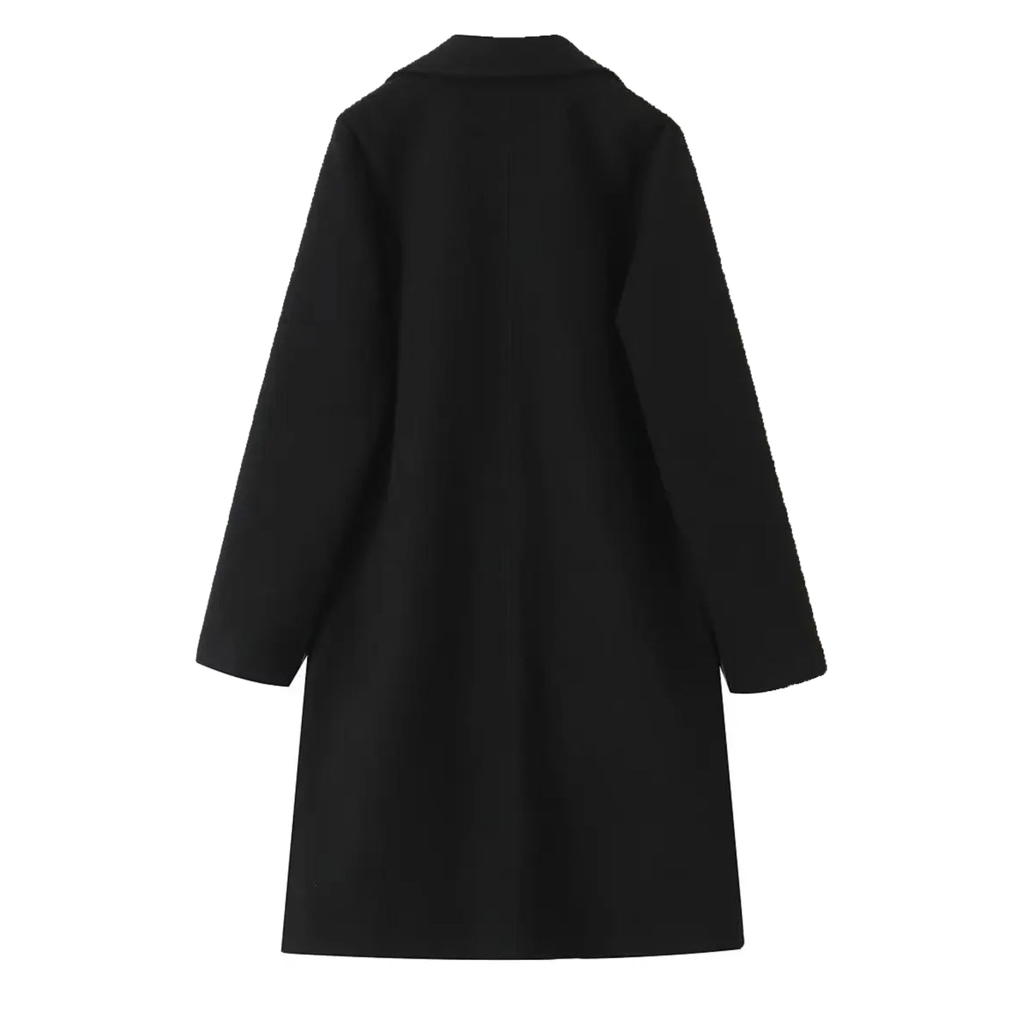 Black woolen oversized trench coat for women with wide lapel collar, long sleeves, relaxed tailored silhouette, soft warm wool blend insulated fabric, elegant minimalist outerwear for fall and winter fashion, chic clean girl and old money streetwear style, ships globally to US, UK, Canada, Australia, Europe and international locations worldwide.