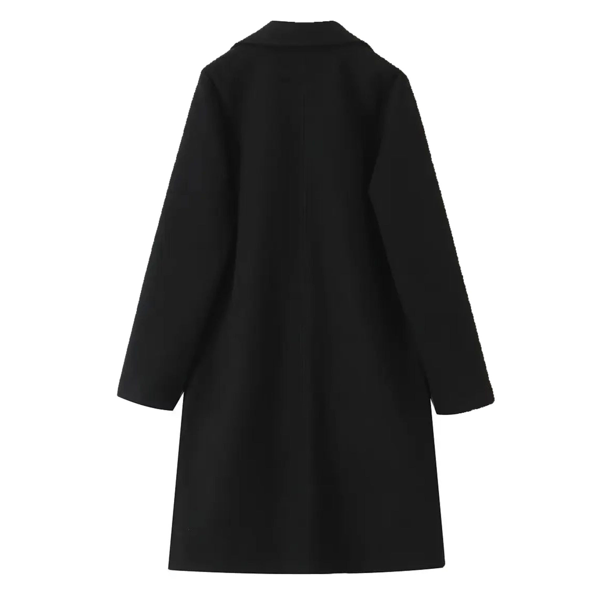 Black woolen oversized trench coat for women with wide lapel collar, long sleeves, relaxed tailored silhouette, soft warm wool blend insulated fabric, elegant minimalist outerwear for fall and winter fashion, chic clean girl and old money streetwear style, ships globally to US, UK, Canada, Australia, Europe and international locations worldwide.
