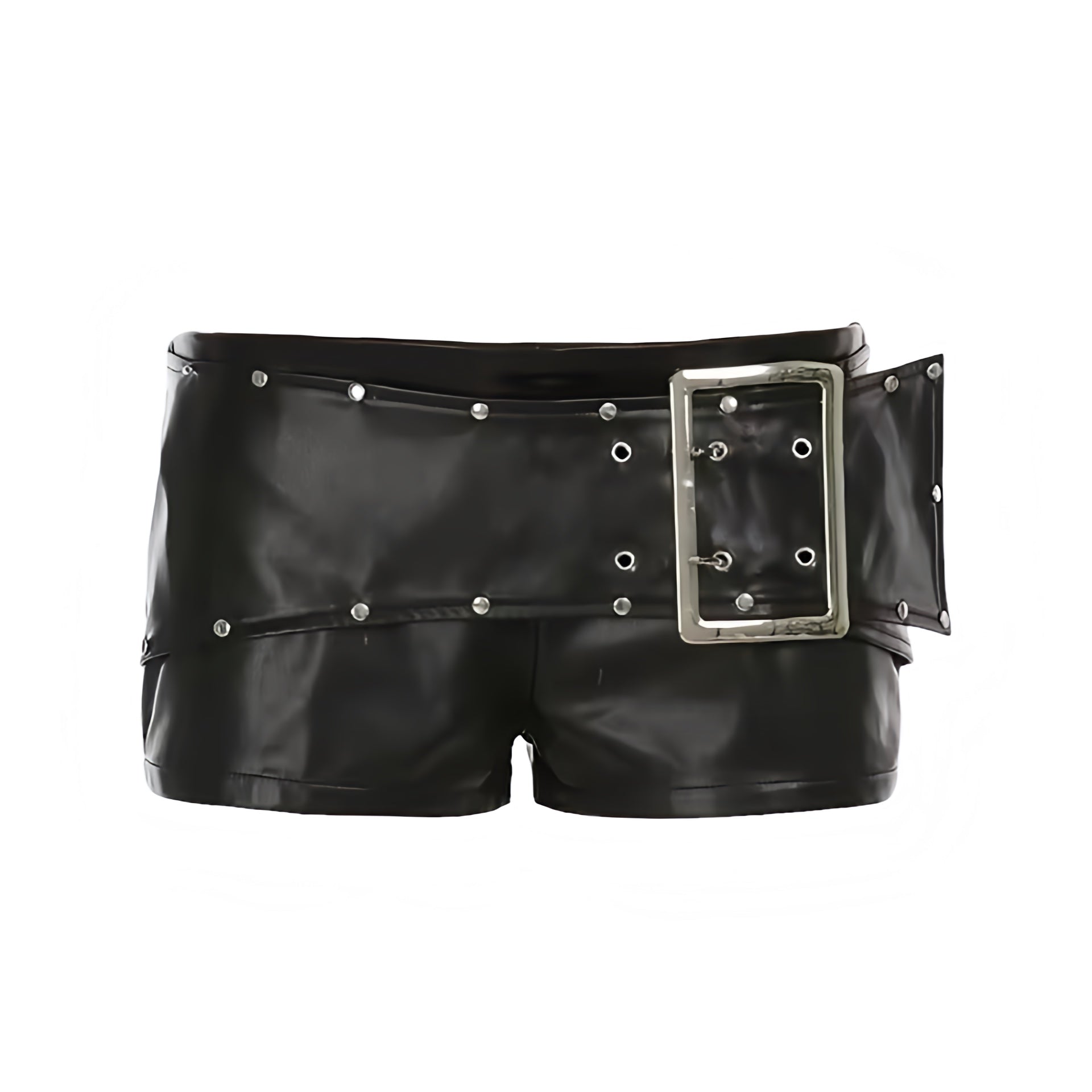 Black Y2K faux leather metallic rivet design buckle waist micro shorts. Slim fit bodycon skinny fit low rise low waisted short shorts mini shorts hot pants cut shorts for womens teens ladies. Y2K style 2000s fashion clubwear rave shorts festival outfit concert outfit night out outfit disco outfit streetwear fashion baddie outfits rock chic rockstar girlfriend outfit grunge punk emo western chic.

