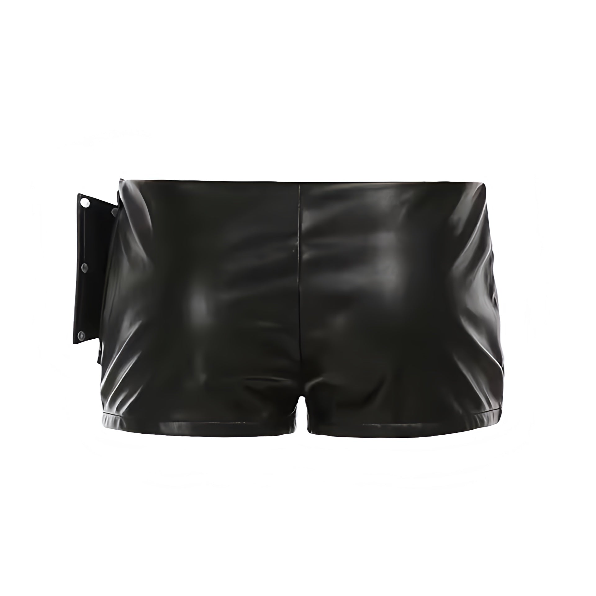 Black Y2K faux leather metallic rivet design buckle waist micro shorts. Slim fit bodycon skinny fit low rise low waisted short shorts mini shorts hot pants cut shorts for womens teens ladies. Y2K style 2000s fashion clubwear rave shorts festival outfit concert outfit night out outfit disco outfit streetwear fashion baddie outfits rock chic rockstar girlfriend outfit grunge punk emo western chic.

