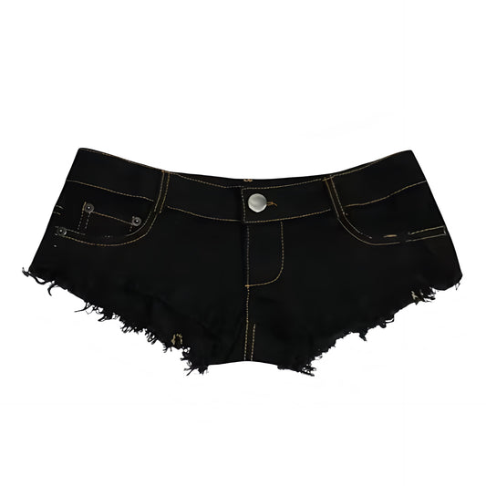 Black Y2K low rise denim micro jean shorts in dark wash faded distressed cotton denim with pockets. Slim fit skinny fit ultra short shorts, hot pants, booty shorts, cut shorts and mini shorts for women, teens and ladies. Vintage retro inspired denim shorts perfect for rave outfits, festival outfits, beach vacation, euro summer, Ibiza outfits, western chic cowgirl looks, grunge, punk, hip hop, emo, streetwear and baddie fashion styling.