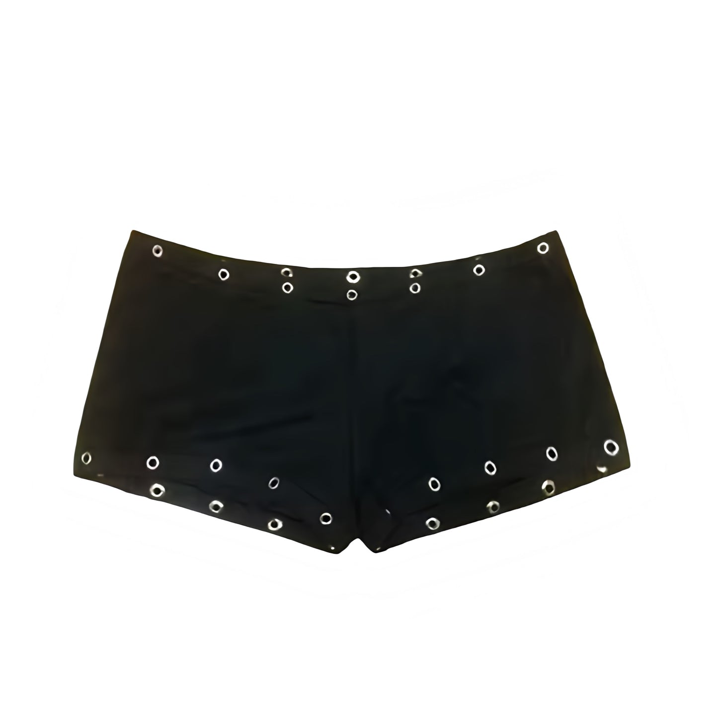 Black Y2K metallic rivet design micro shorts with cut-out hollow-out hole design metallic beaded spandex fabric. Slim fit bodycon skinny fit low rise low waisted short shorts mini shorts hot pants cut shorts for womens teens ladies. Y2K style 2000s fashion chic trendy party night out club wear rave shorts festival concert ibiza style rock chic grunge punk emo hip hop street wear retro style opiumcore clothing.
