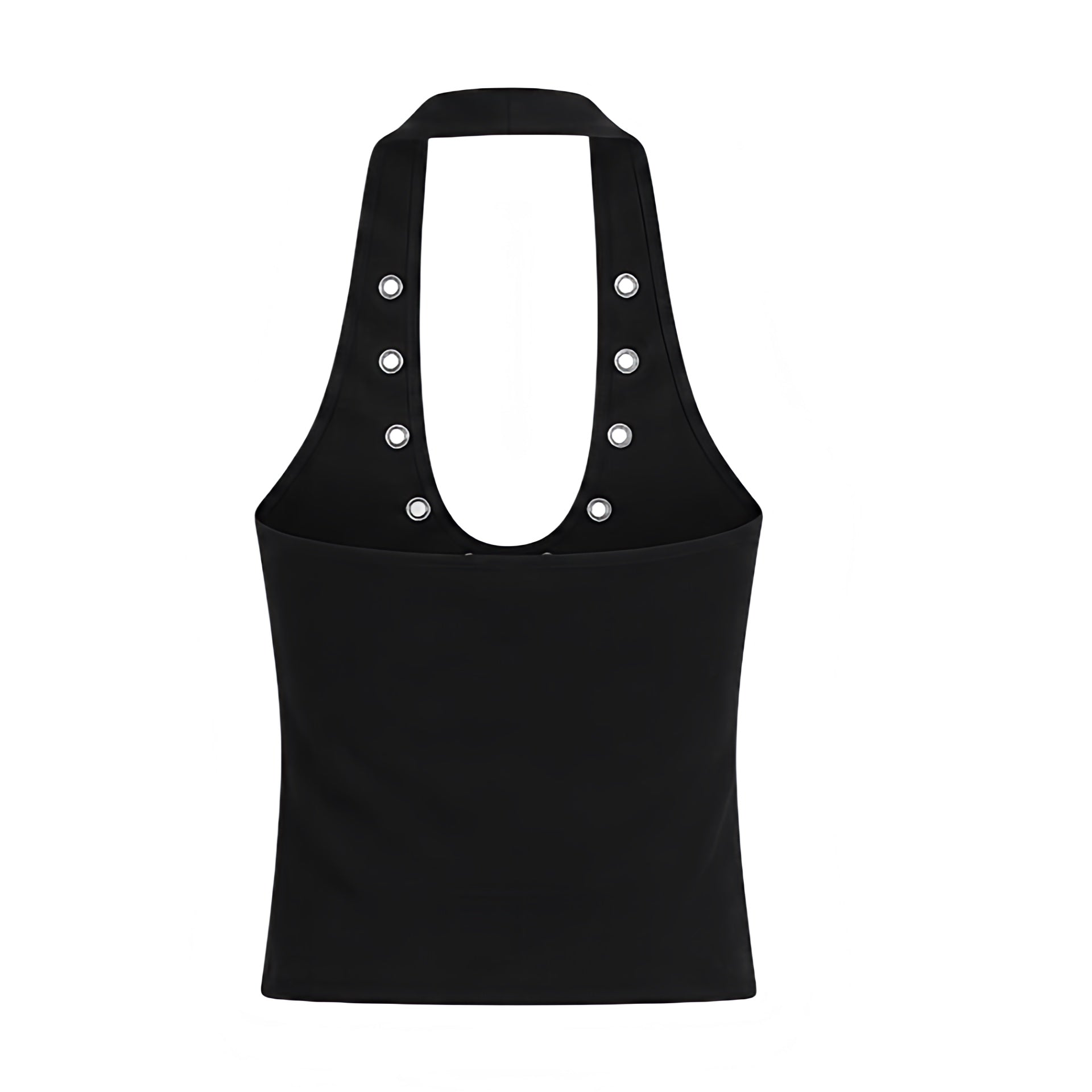Black slim fit rivet studded sleeveless V-neck backless halter tank top with metallic rivet details, plunging neckline, open back, cut out design, Y2K style, 2000s fashion, retro style, corset bustier top, crop top, club wear, party outfit, rave top, festival outfit, concert outfit, Ibiza style, baddie outfit, streetwear, grunge, goth, punk, emo, cyberpunk, opiumcore, rock chic, futuristic glam, western chic, worldwide shipping.