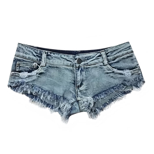 Bleach wash Y2K low rise denim micro jean shorts in dark blue faded bleached distressed cotton denim with pockets. Slim fit skinny fit ultra short shorts, hot pants, booty shorts, cut shorts and mini shorts for women, teens and ladies. Vintage retro inspired dark wash denim shorts perfect for rave outfits, festival outfits, beach holidays, euro summer outfits, Ibiza style, western chic cowgirl looks, clubwear, hip hop, streetwear and baddie fashion.

