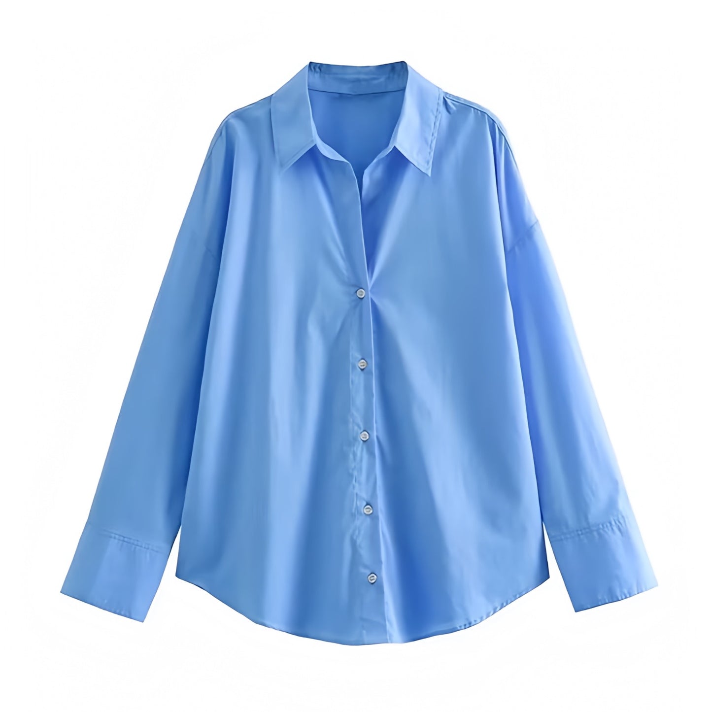 Blue linen button down long sleeve shirt for women featuring a soft breathable cotton blend fabric with a relaxed oversized fit. Designed with a collared v-neckline, single breasted button closure, and smooth woven finish. Perfect for Euro summer, coastal, and vacation outfits. Ideal for casual minimalist and preppy style. Ships globally and worldwide to the US, UK, Canada, Australia, New Zealand, Europe, Asia, and beyond.

