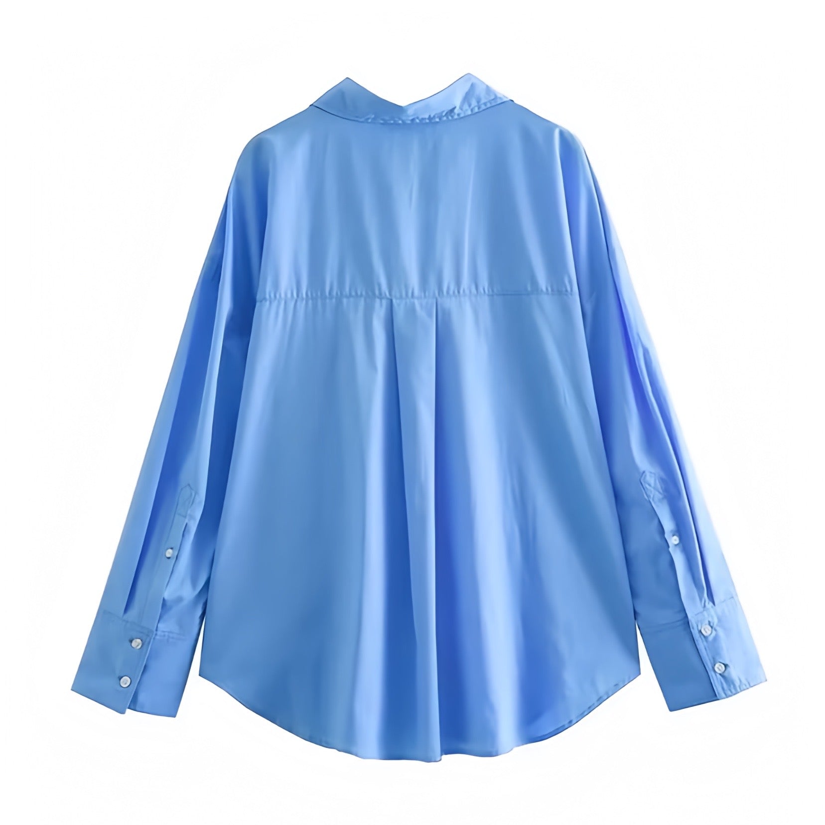 Blue linen button down long sleeve shirt for women featuring a soft breathable cotton blend fabric with a relaxed oversized fit. Designed with a collared v-neckline, single breasted button closure, and smooth woven finish. Perfect for Euro summer, coastal, and vacation outfits. Ideal for casual minimalist and preppy style. Ships globally and worldwide to the US, UK, Canada, Australia, New Zealand, Europe, Asia, and beyond.

