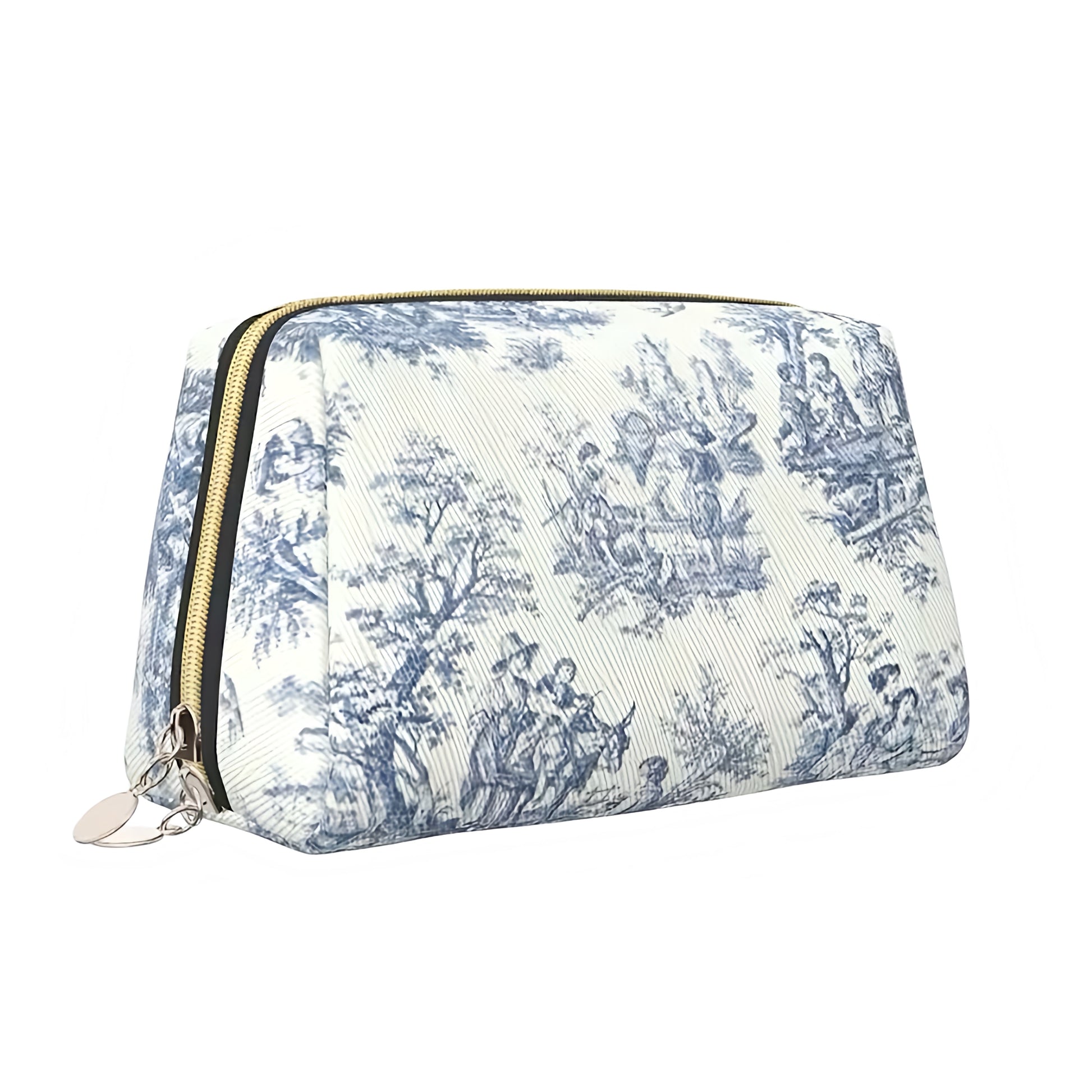 Blue and white floral print waterproof makeup pouch bag featuring an elegant coastal-inspired design. Compact and lightweight, this vegan-friendly cosmetic bag is made with durable material and a metallic zipper. Perfect for organizing makeup, toiletries, or travel essentials. Designed for women, teens, and girls who love chic coastal style. Ships globally to US, UK, Canada, Australia, New Zealand, Europe, and Asia.