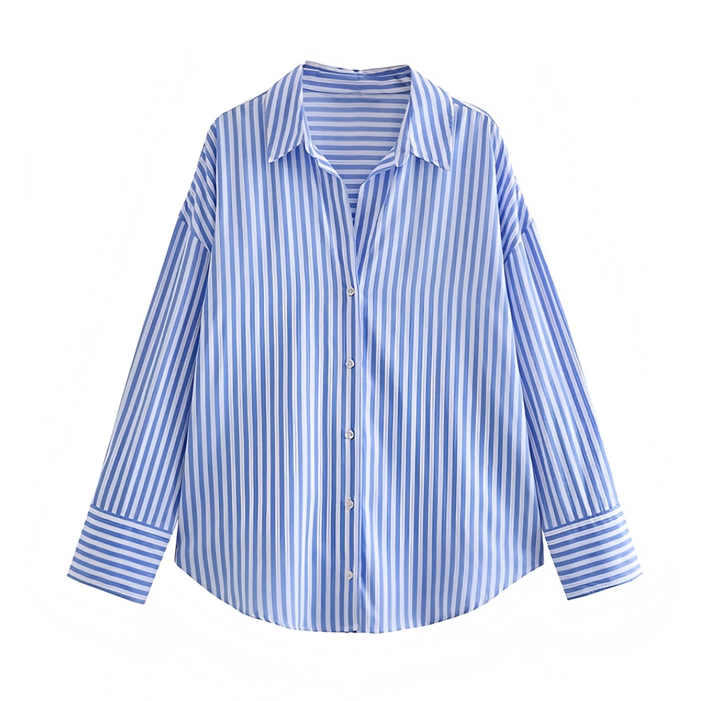 Blue and white striped seersucker linen button down shirt featuring a soft, lightweight, and breathable cotton blend fabric. Designed with a relaxed oversized fit, collared v neckline, and long sleeves for an effortless chic silhouette. Ideal for Euro summer, coastal, and resort wear outfits. Perfect for casual, minimalist, and preppy styles. Ships globally and worldwide to the US, UK, Canada, Australia, New Zealand, Europe, Asia, and beyond.

