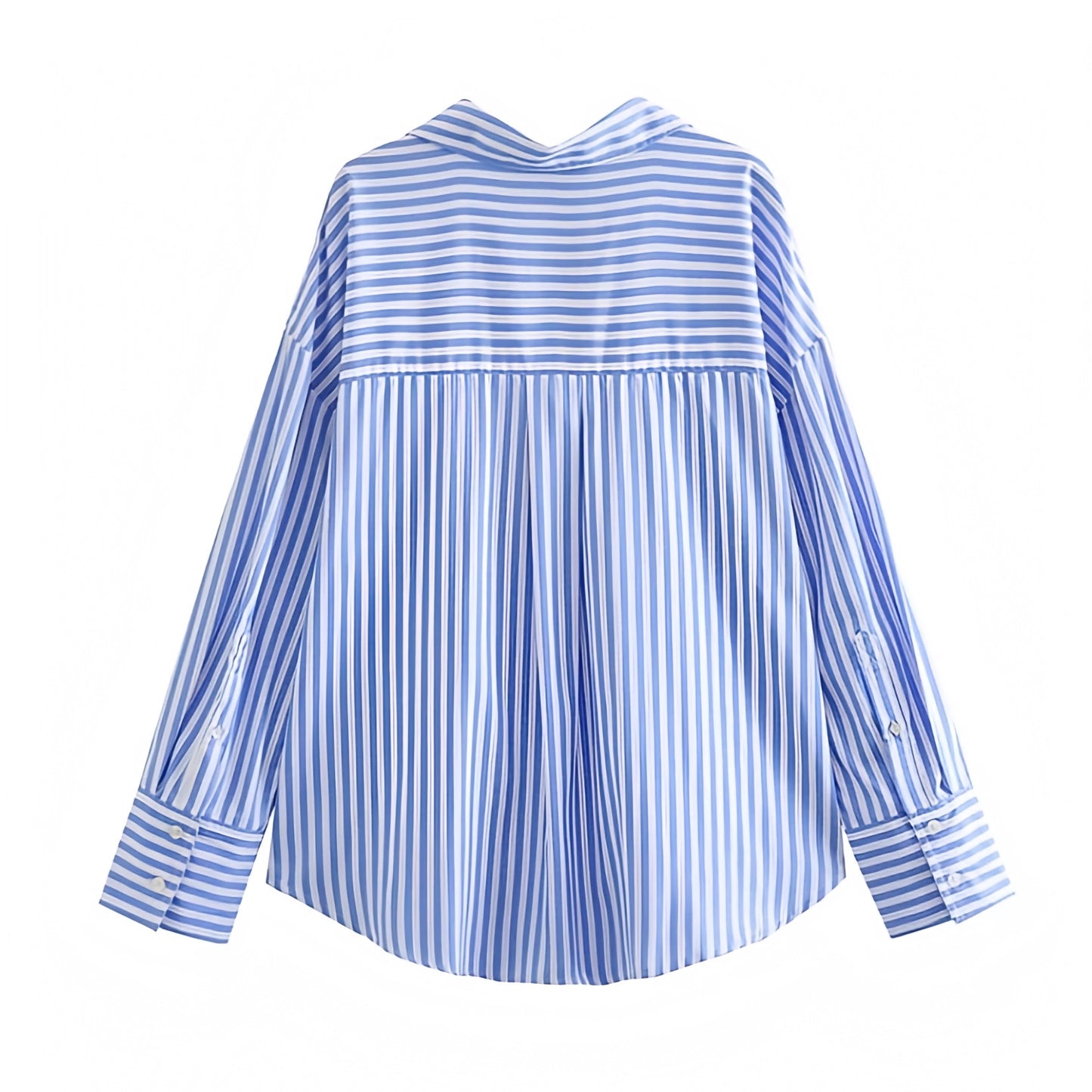 Blue and white striped seersucker linen button down shirt featuring a soft, lightweight, and breathable cotton blend fabric. Designed with a relaxed oversized fit, collared v neckline, and long sleeves for an effortless chic silhouette. Ideal for Euro summer, coastal, and resort wear outfits. Perfect for casual, minimalist, and preppy styles. Ships globally and worldwide to the US, UK, Canada, Australia, New Zealand, Europe, Asia, and beyond.

