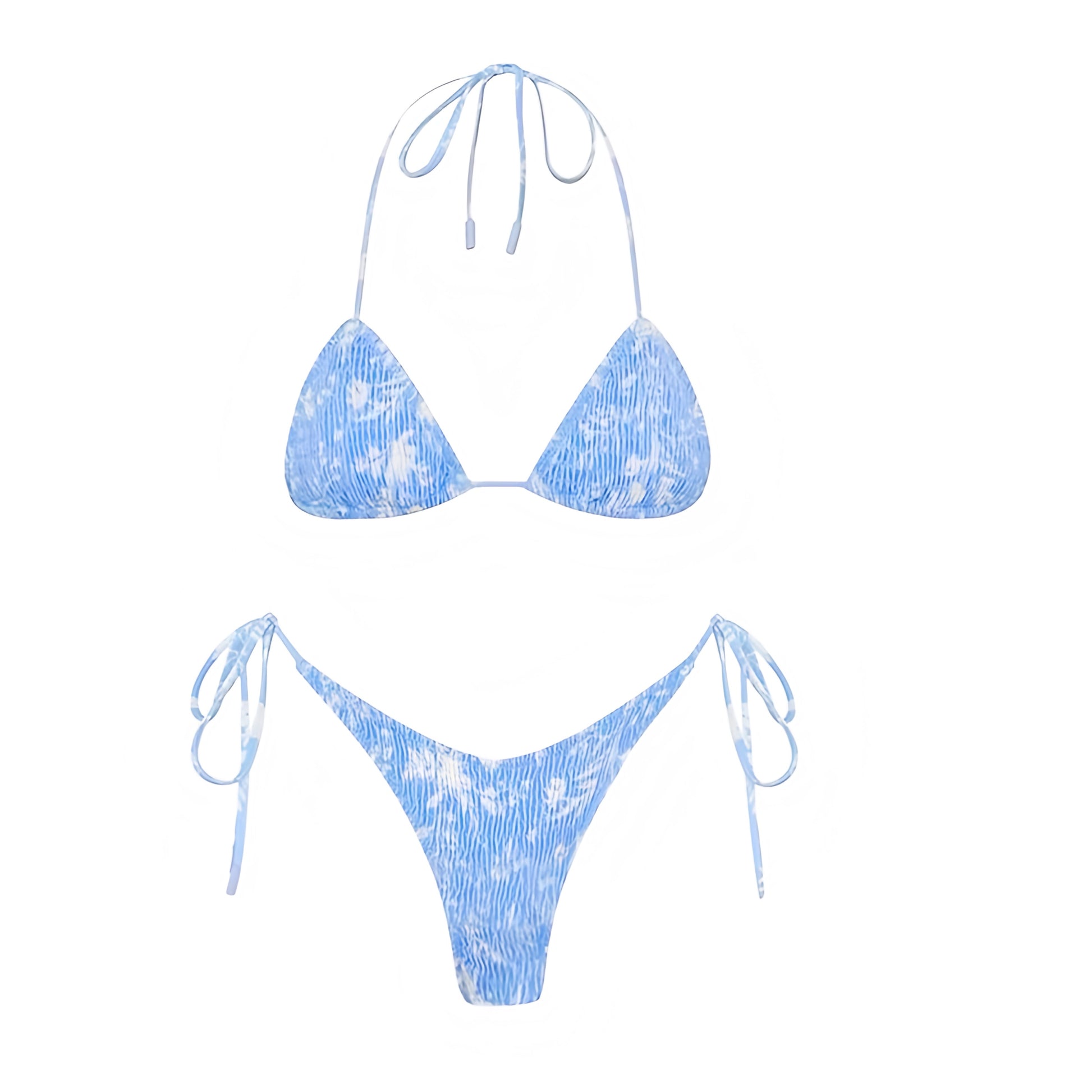 Blue & White Floral Print Ruched 2 Piece Triangle Bikini Set for women, teens, and ladies. Features floral patterned ruched ribbed wireless wire-free push up bikini top with halter v neck, spaghetti straps, sleeveless backless string tie design, and matching bottoms in cheeky thong or full coverage. Sexy feminine Y2K chic trendy summer 2025 swimwear, coastal granddaughter style, Euro summer Greece Mamma Mia aesthetic, tropical Hawaii beach vacation, resort wear, Hamptons and Nantucket style. Ships globally 