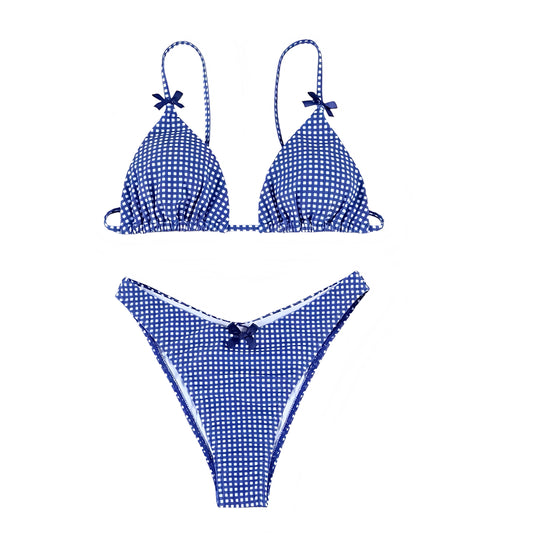 Blue & White Gingham Bow 2 Piece Triangle Bikini Set for women, teens, and ladies. Features classic gingham checkered plaid patterned print with bow detail, wireless wire-free triangle bikini top with v neck, spaghetti straps, sleeveless backless string tie style, and matching bikini bottoms in cheeky thong or full coverage. Sexy feminine coquette Y2K chic trendy summer 2025 swimsuit, perfect for 4th of July outfits, coastal granddaughter fashion, Hamptons and Nantucket preppy style, Hawaii vacation, beach.