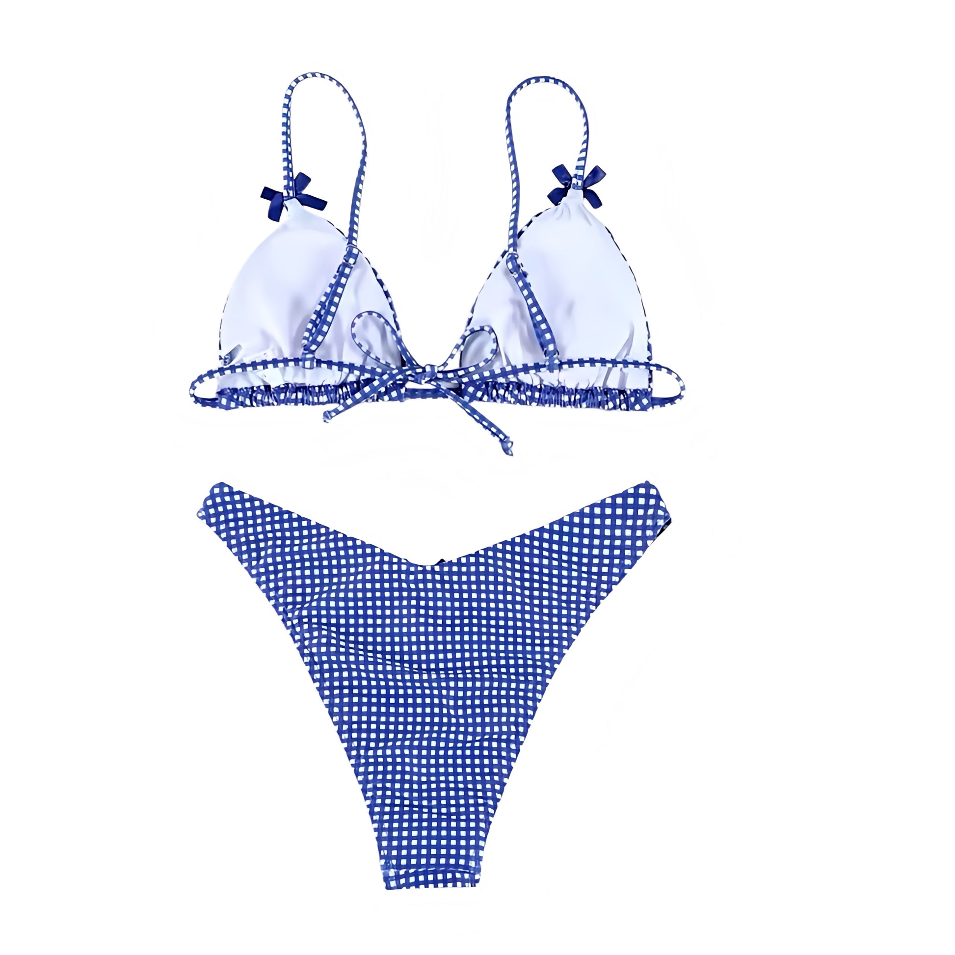 Blue & White Gingham Bow 2 Piece Triangle Bikini Set for women, teens, and ladies. Features classic gingham checkered plaid patterned print with bow detail, wireless wire-free triangle bikini top with v neck, spaghetti straps, sleeveless backless string tie style, and matching bikini bottoms in cheeky thong or full coverage. Sexy feminine coquette Y2K chic trendy summer 2025 swimsuit, perfect for 4th of July outfits, coastal granddaughter fashion, Hamptons and Nantucket preppy style, Hawaii vacation, beach.