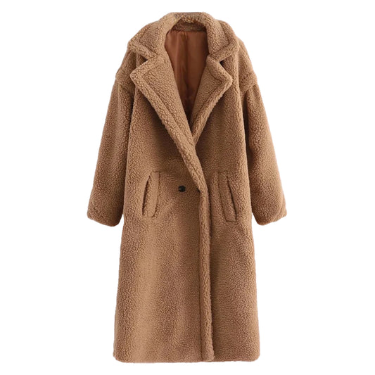 Brown faux fur sherpa long sleeve trench coat jacket for women and teens, satin lined fuzzy soft cozy warm thick luxury woolen full length oversized fur coat with collared v-neck split neck, elegant feminine trendy Y2K chic fashionable outerwear for fall autumn winter 2025, Scandinavian Copenhagen streetwear and old money style apres ski ski trip snow day outfit, with global worldwide shipping to US UK Canada Australia Europe and Asia.