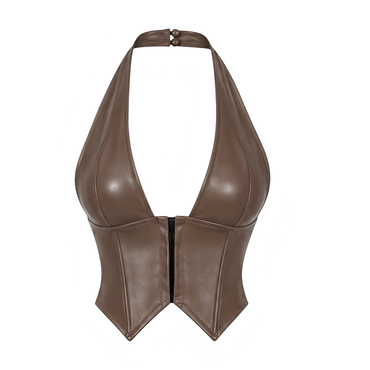 Brown faux leather lace-up halter corset top in chocolate brown, espresso brown and mocha with shiny leather-look finish, plunging deep V neckline, structured molded bust, fitted longline waist, pointed V-shaped hem, hook-and-eye front closure, open upper back and black crisscross lace-up back with silver-tone metal eyelets. Y2K 2000s bustier for fall 2026, rock chic, grunge, punk, western, baddie, clubwear, rave, festival, concert, Halloween and Halloweekend outfits.
