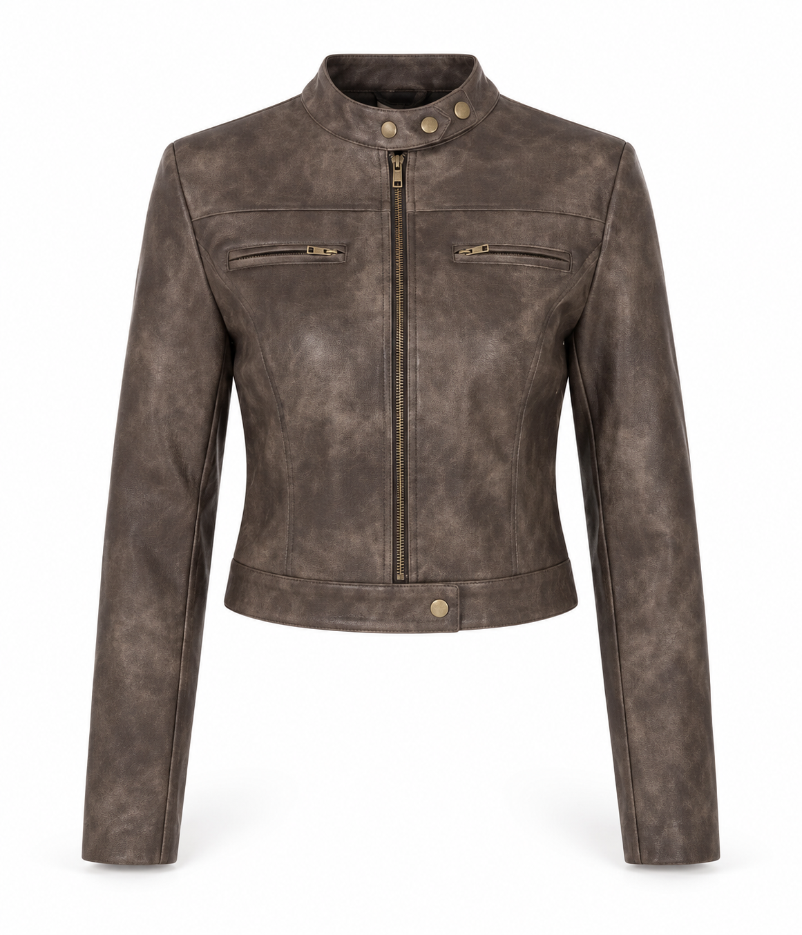 Brown faux leather vintage cropped moto racer jacket for women with distressed washed weathered leather look, fitted slim fit, mock stand neck snap-tab collar, gold hardware, metallic front zipper, zippered chest pockets, long sleeves and zip cuffs. Chocolate brown cropped biker motorcycle cafe racer jacket for fall autumn winter 2026, Y2K 2000s 90s retro style, rock chic, rockstar GF, grunge, punk, western cowgirl, boho chic, baddie and streetwear outfits.