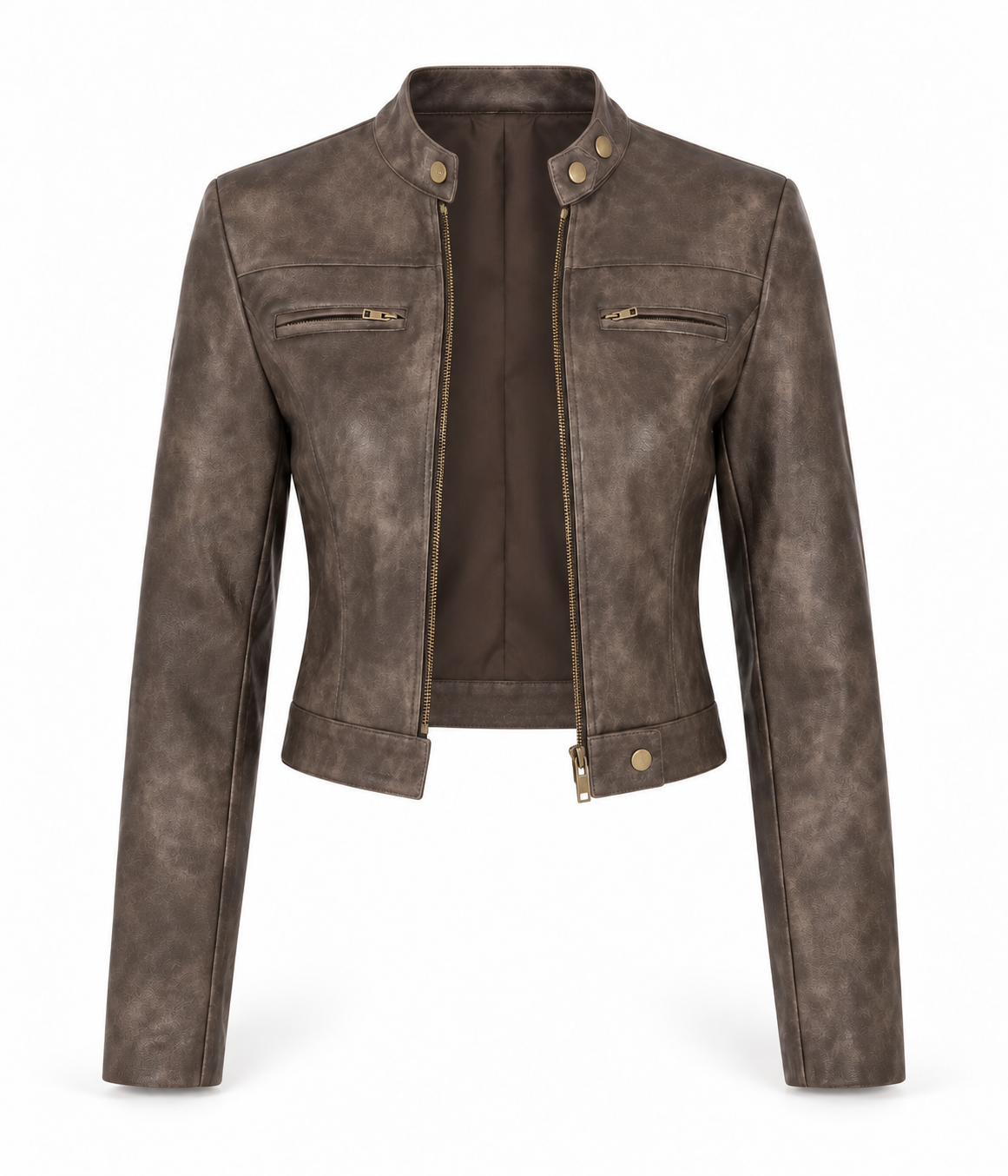 Brown faux leather vintage cropped moto racer jacket for women with distressed washed weathered leather look, fitted slim fit, mock stand neck snap-tab collar, gold hardware, metallic front zipper, zippered chest pockets, long sleeves and zip cuffs. Chocolate brown cropped biker motorcycle cafe racer jacket for fall autumn winter 2026, Y2K 2000s 90s retro style, rock chic, rockstar GF, grunge, punk, western cowgirl, boho chic, baddie and streetwear outfits.