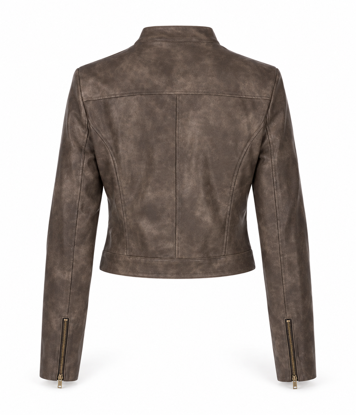 Back view of brown faux leather cropped moto racer jacket for women featuring a distressed washed vintage leather look, fitted waist, structured paneled construction, long sleeves, zippered cuffs and antique gold hardware. Chocolate brown vintage motorcycle biker jacket for fall winter 2026, Y2K clothes, 2000s fashion, 90s style, retro streetwear, rock chic, rockstar GF, grunge, punk, western, cowgirl, boho and baddie outfits.

