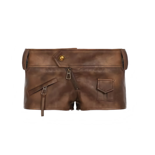 Light brown chocolate brown faded faux leather Y2K retro cargo micro shorts with buckle waist and utility cargo pockets. Slim fit bodycon skinny fit low rise low waisted short shorts mini shorts hot pants cut shorts for womens teens ladies. Y2K style 2000s fashion clubwear rave shorts festival outfit concert outfit night out outfit disco outfit streetwear fashion western chic baddie outfits hot girl outfit.

