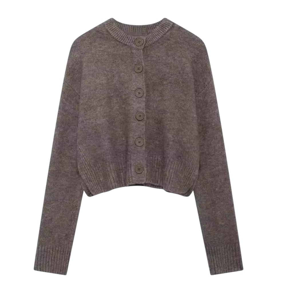 Brown knit button-down long sleeve cropped cardigan sweater for women and teens, chocolate brown woolen chunky knit jumper with fuzzy soft cozy warm texture, elegant feminine trendy chic casual preppy streetwear knitwear for fall autumn winter 2025, Aritzia dupe and Zara-inspired minimalist Scandinavian cardigan with worldwide global shipping to US UK Canada Europe Australia and Asia from Dazey Hill.