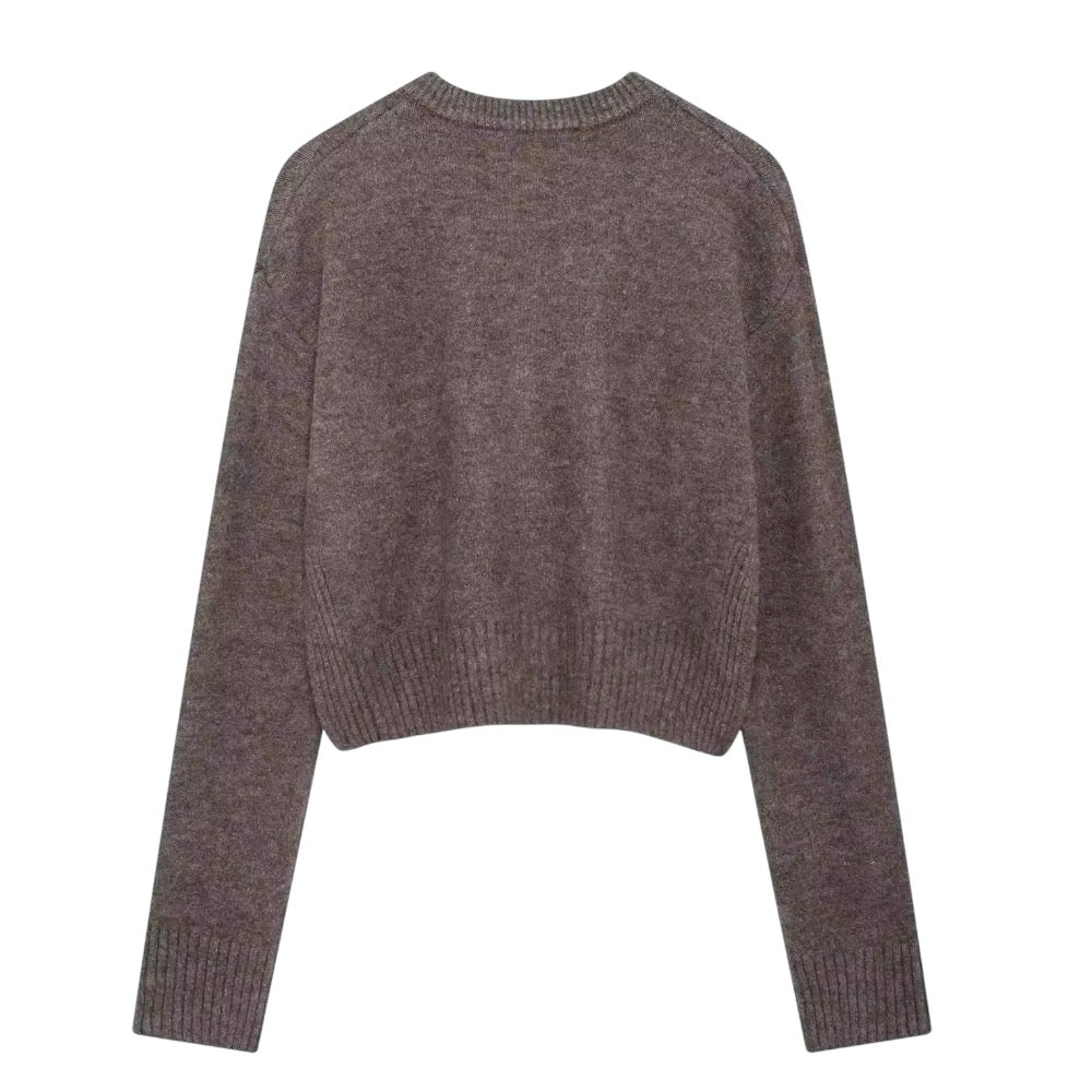 Brown knit button-down long sleeve cropped cardigan sweater for women and teens, chocolate brown woolen chunky knit jumper with fuzzy soft cozy warm texture, elegant feminine trendy chic casual preppy streetwear knitwear for fall autumn winter 2025, Aritzia dupe and Zara-inspired minimalist Scandinavian cardigan with worldwide global shipping to US UK Canada Europe Australia and Asia from Dazey Hill.