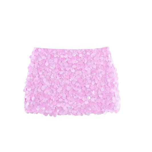 Bubblegum pink baby pink light pink sequin embellished beaded low rise mini skirt with metallic shimmer sparkle glitter sequined slim fit skinny fit bodycon pencil micro skirt design. Chic trendy casual elegant sexy skirt for women, teens, and ladies. Perfect for beach vacation, summer vacation, euro summer, Ibiza fashion, rave outfit, festival outfit, concert outfit, disco party, club wear, night out, going out, NYE outfit, boho chic style, y2k fashion, baddie aesthetic, star girl aesthetic, mermaidcore