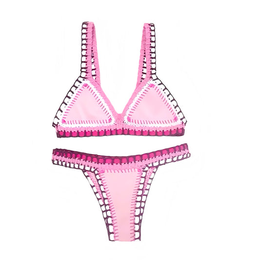 Bubblegum pink light pink baby pink pastel pink hot pink striped solid crochet knit knitted knitwear bikini set 2 piece triangle string swimwear. Slim fit skinny fit wireless wire free push up v neck sleeveless spaghetti strap backless thong string design. Chic luxury beach vacation bikini for womens teens ladies perfect euro summer Ibiza style boho chic bohemian fashion retro vintage Y2K style tropical vacation resort wear beach girl aesthetic summer swimwear fashion.

