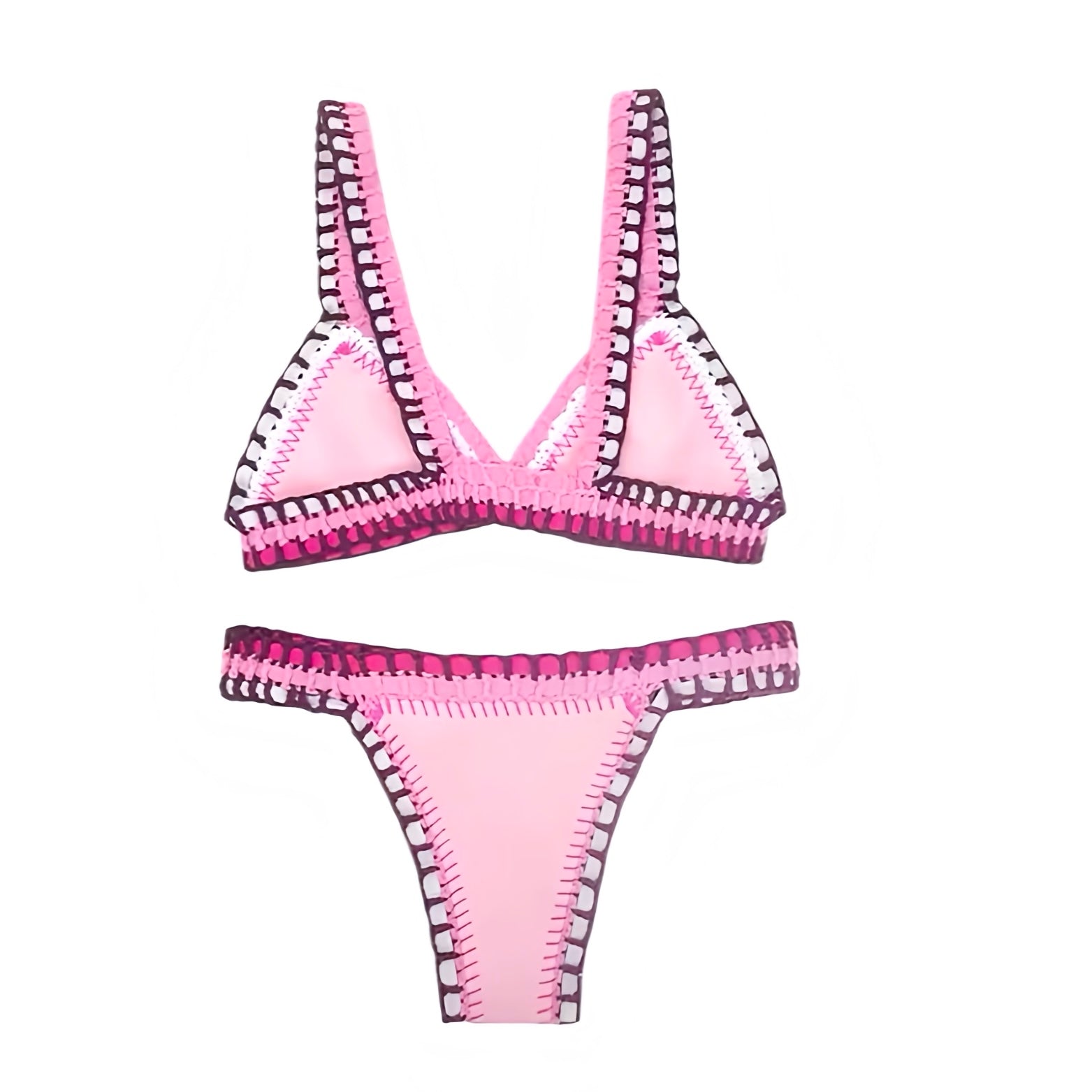Bubblegum pink light pink baby pink pastel pink hot pink striped solid crochet knit knitted knitwear bikini set 2 piece triangle string swimwear. Slim fit skinny fit wireless wire free push up v neck sleeveless spaghetti strap backless thong string design. Chic luxury beach vacation bikini for womens teens ladies perfect euro summer Ibiza style boho chic bohemian fashion retro vintage Y2K style tropical vacation resort wear beach girl aesthetic summer swimwear fashion.

