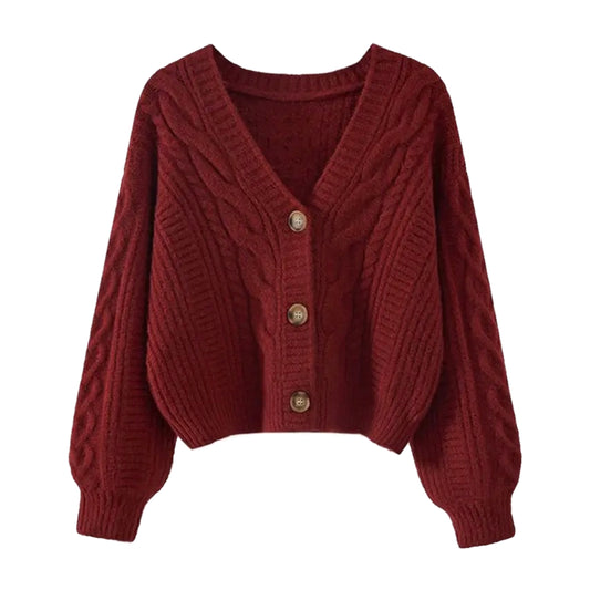 Burgundy red cable knit v-neck long sleeve cropped cardigan sweater, thick chunky knitwear with buttons for women and teens. Cozy, soft, and warm feminine fashion piece perfect for fall, autumn, and winter 2025. Oversized preppy casual jumper in deep red tones with pockets and elegant chic design. Inspired by pumpkin spice and Uggs outfits. Ships globally to US, UK, Canada, Australia, New Zealand, Europe, Asia, France, Germany, Italy, Spain, Denmark, Sweden, Switzerland, Netherlands, Poland, Ireland.