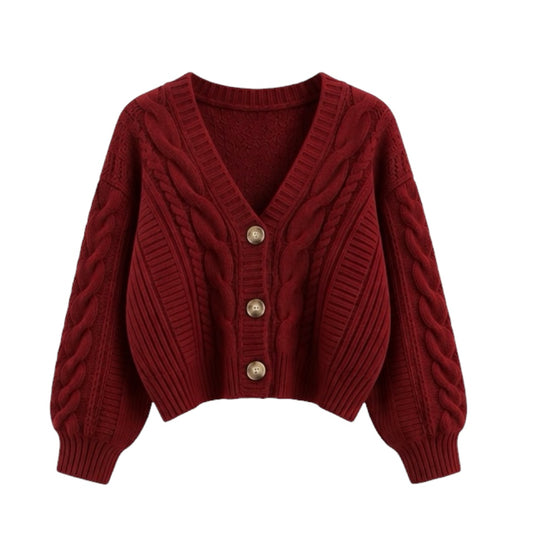 Burgundy red cable knit v-neck long sleeve cropped cardigan sweater, thick chunky knitwear with buttons for women and teens. Cozy, soft, and warm feminine fashion piece perfect for fall, autumn, and winter 2025. Oversized preppy casual jumper in deep red tones with pockets and elegant chic design. Inspired by pumpkin spice and Uggs outfits. Ships globally to US, UK, Canada, Australia, New Zealand, Europe, Asia, France, Germany, Italy, Spain, Denmark, Sweden, Switzerland, Netherlands, Poland, Ireland.