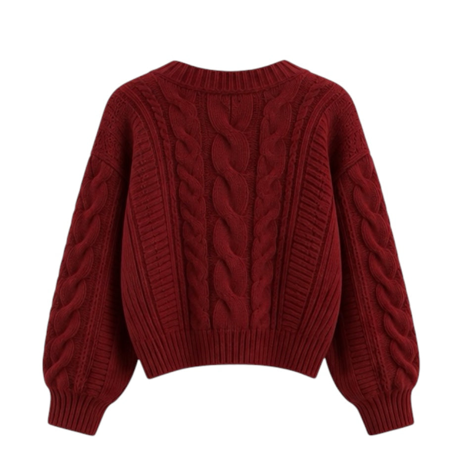 Burgundy red cable knit v-neck long sleeve cropped cardigan sweater, thick chunky knitwear with buttons for women and teens. Cozy, soft, and warm feminine fashion piece perfect for fall, autumn, and winter 2025. Oversized preppy casual jumper in deep red tones with pockets and elegant chic design. Inspired by pumpkin spice and Uggs outfits. Ships globally to US, UK, Canada, Australia, New Zealand, Europe, Asia, France, Germany, Italy, Spain, Denmark, Sweden, Switzerland, Netherlands, Poland, Ireland.