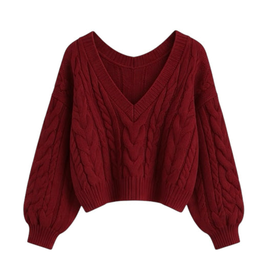Burgundy red cable knit v-neck cropped long sleeve sweater for women featuring soft chunky knit fabric with woolen texture, ribbed cuffed sleeves, lightweight yet warm and breathable construction, and relaxed oversized fit. Cozy red knitwear jumper perfect for autumn, fall, and winter 2025 and 2026, Scandinavian Stockholm style, minimalist everyday outfits, school and university fashion. Ships worldwide.