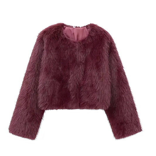 Burgundy red faux fur cropped jacket with long sleeves and satin lining, fuzzy soft warm cozy oversized luxury coat for women and teens, elegant Y2K fashion outerwear for fall autumn winter 2025, stylish maroon plum red short fur jacket with pockets and crewneck neckline, chic Scandinavian Copenhagen street style jacket for ski trips, après ski, and global shipping to US UK Canada Europe Australia and Asia.