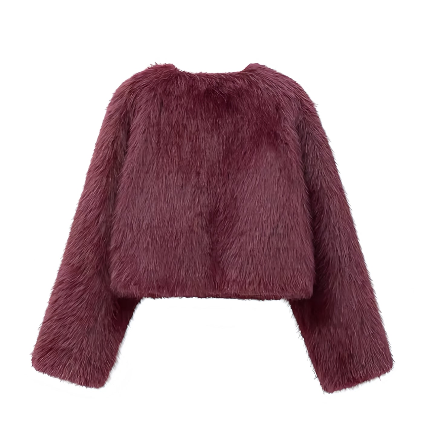 Burgundy red faux fur cropped jacket with long sleeves and satin lining, fuzzy soft warm cozy oversized luxury coat for women and teens, elegant Y2K fashion outerwear for fall autumn winter 2025, stylish maroon plum red short fur jacket with pockets and crewneck neckline, chic Scandinavian Copenhagen street style jacket for ski trips, après ski, and global shipping to US UK Canada Europe Australia and Asia.