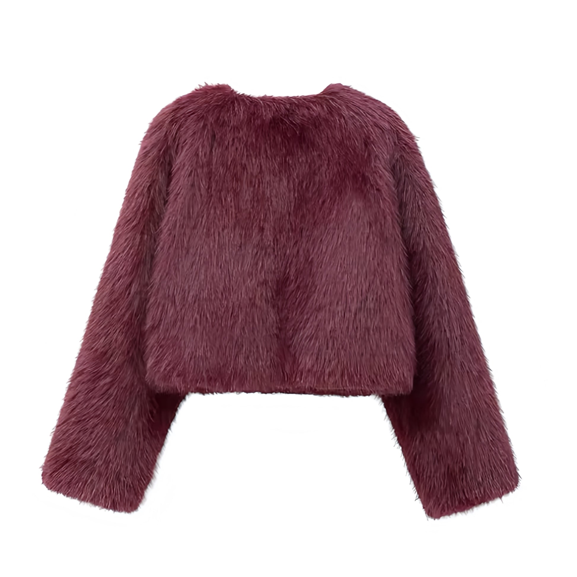 Burgundy red faux fur cropped jacket with long sleeves and satin lining, fuzzy soft warm cozy oversized luxury coat for women and teens, elegant Y2K fashion outerwear for fall autumn winter 2025, stylish maroon plum red short fur jacket with pockets and crewneck neckline, chic Scandinavian Copenhagen street style jacket for ski trips, après ski, and global shipping to US UK Canada Europe Australia and Asia.