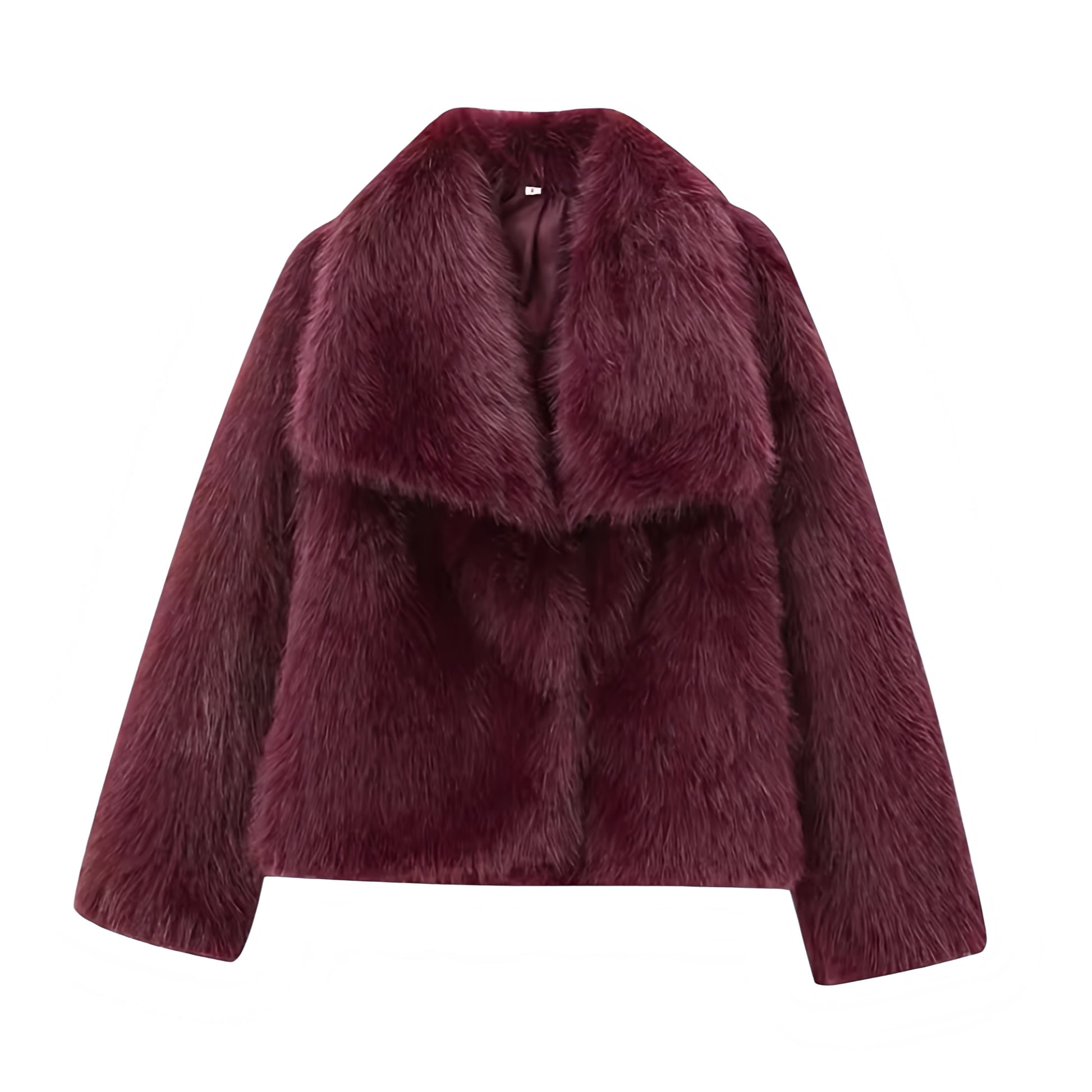 Burgundy red faux fur oversized long sleeve jacket with collared v-neck design for women and teens, satin lined fuzzy soft cozy warm thick luxury fur coat, elegant feminine trendy Y2K chic outerwear for fall autumn winter 2025, maroon velvet red fashion jacket for après-ski snow trip night out festival or concert, Scandinavian Copenhagen streetwear cool girl it girl style, with global worldwide shipping to US UK Canada Australia Europe and Asia.